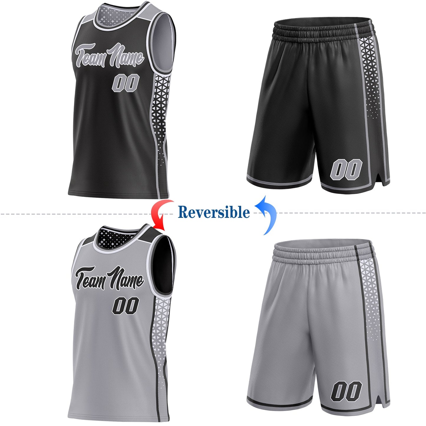 Custom Black Gray-White Side Panel Stripe Geometric Triangle Gradient Dot Reversible Double Side Sublimation Basketball Set Jersey view 2