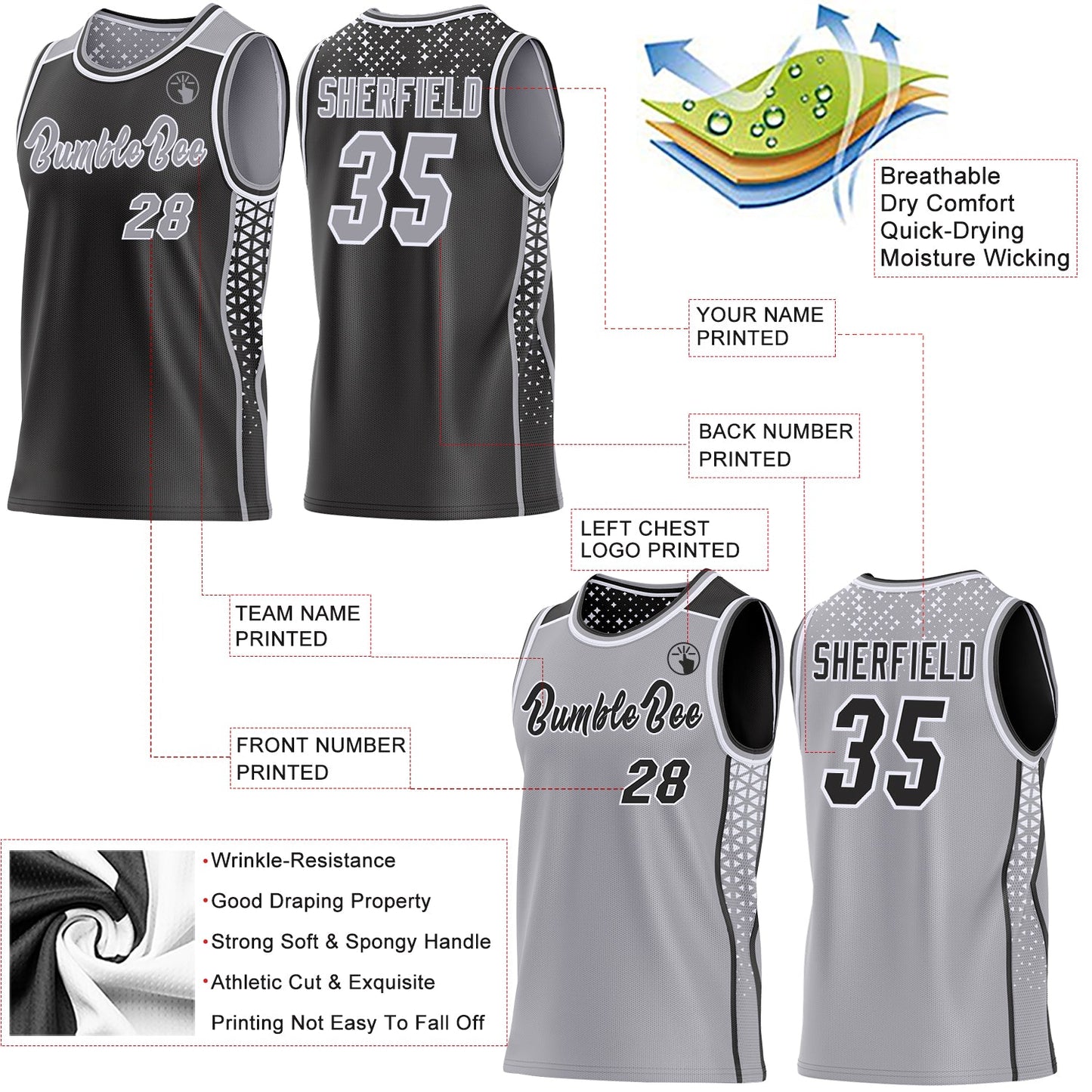 Custom Black Gray-White Side Panel Stripe Geometric Triangle Gradient Dot Reversible Double Side Sublimation Basketball Set Jersey view 3
