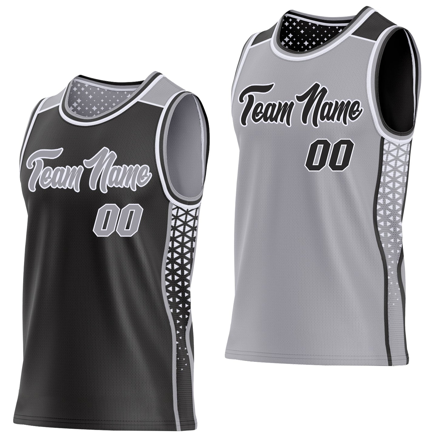 Custom Black Gray-White Side Panel Stripe Geometric Triangle Gradient Dot Reversible Double Side Sublimation Basketball Set Jersey - Main View
