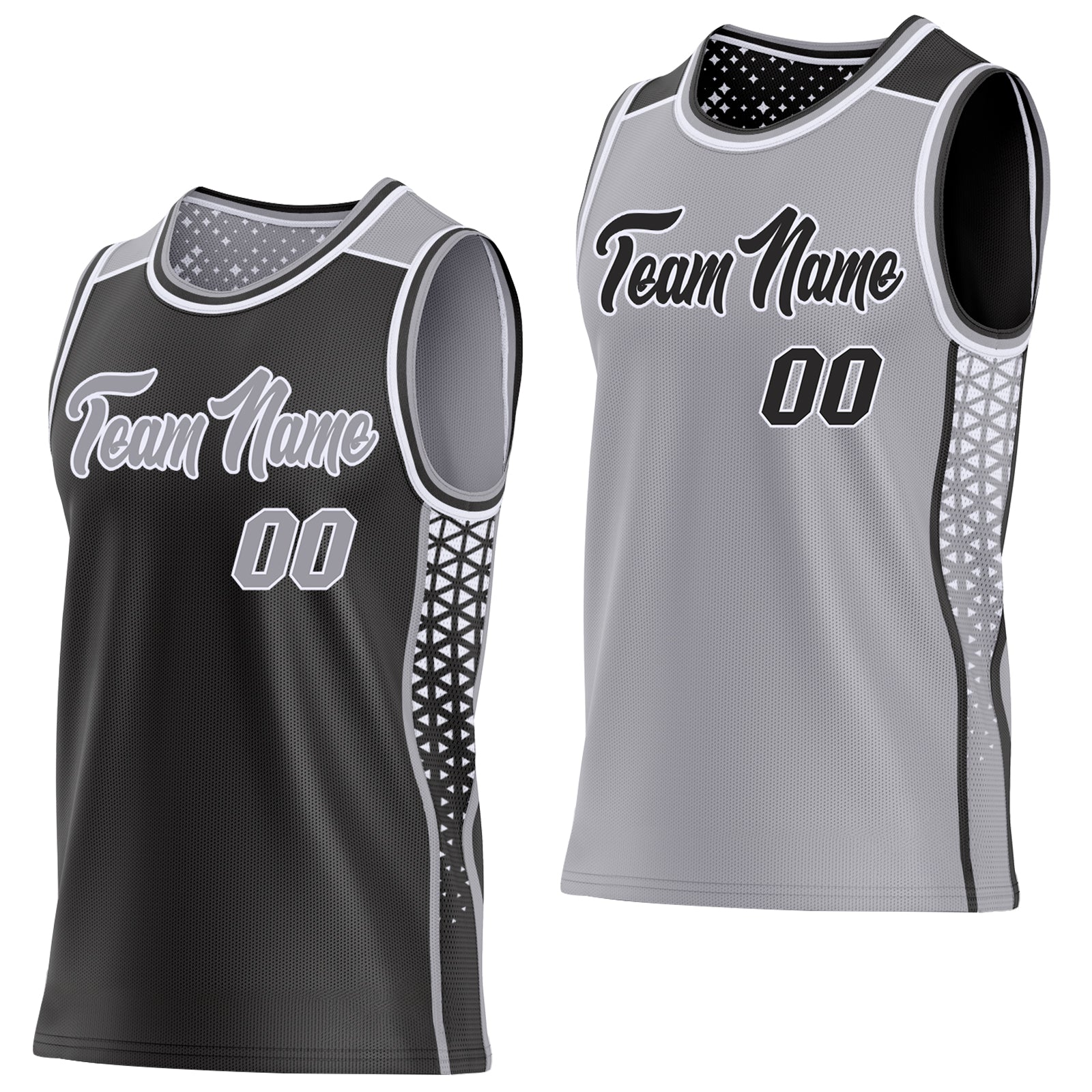 Custom Black Gray-White Side Panel Stripe Geometric Triangle Gradient Dot Reversible Double Side Sublimation Basketball Set Jersey - Main View