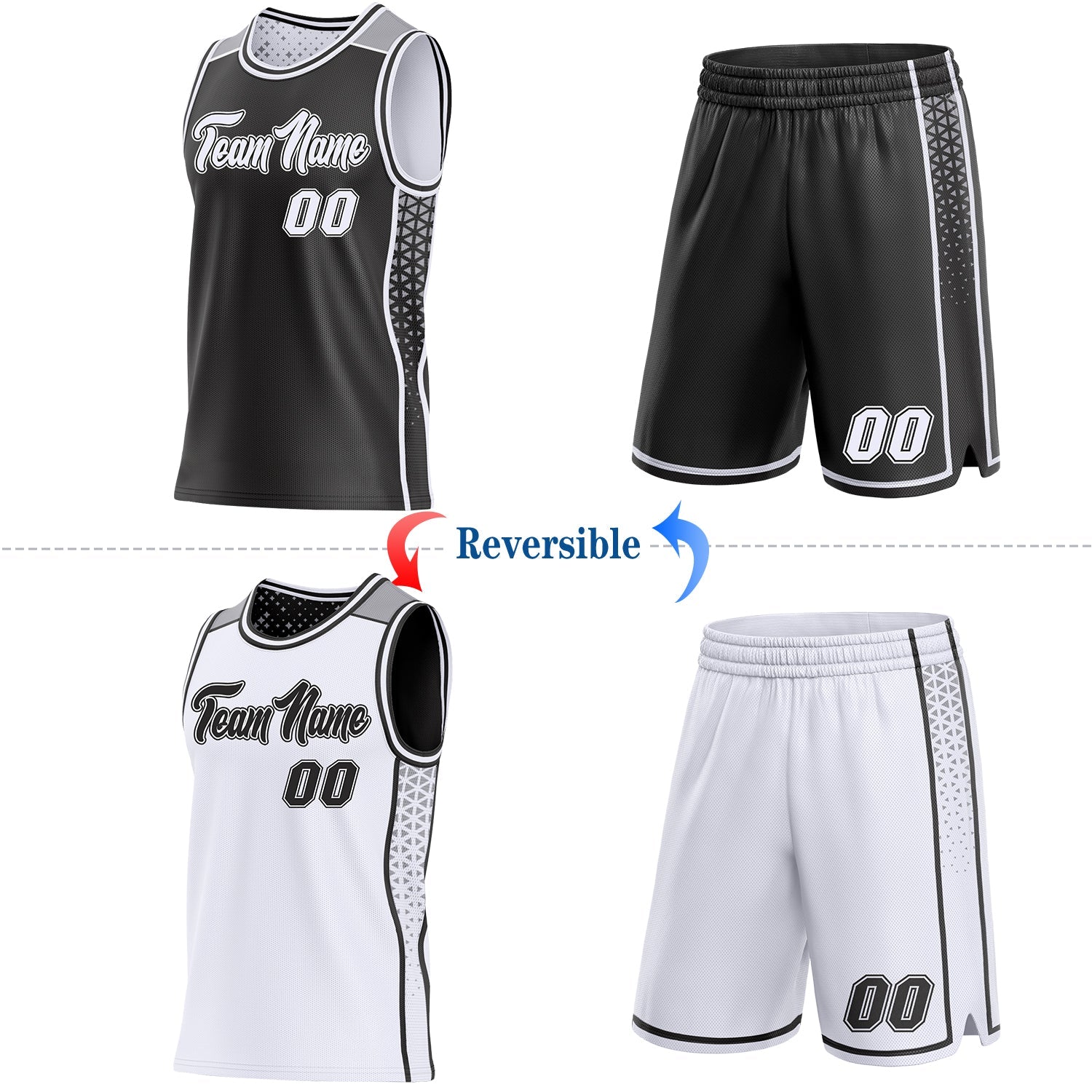 Custom Black White-Gray Side Panel Stripe Geometric Triangle Gradient Dot Reversible Double Side Sublimation Basketball Set Jersey view 2