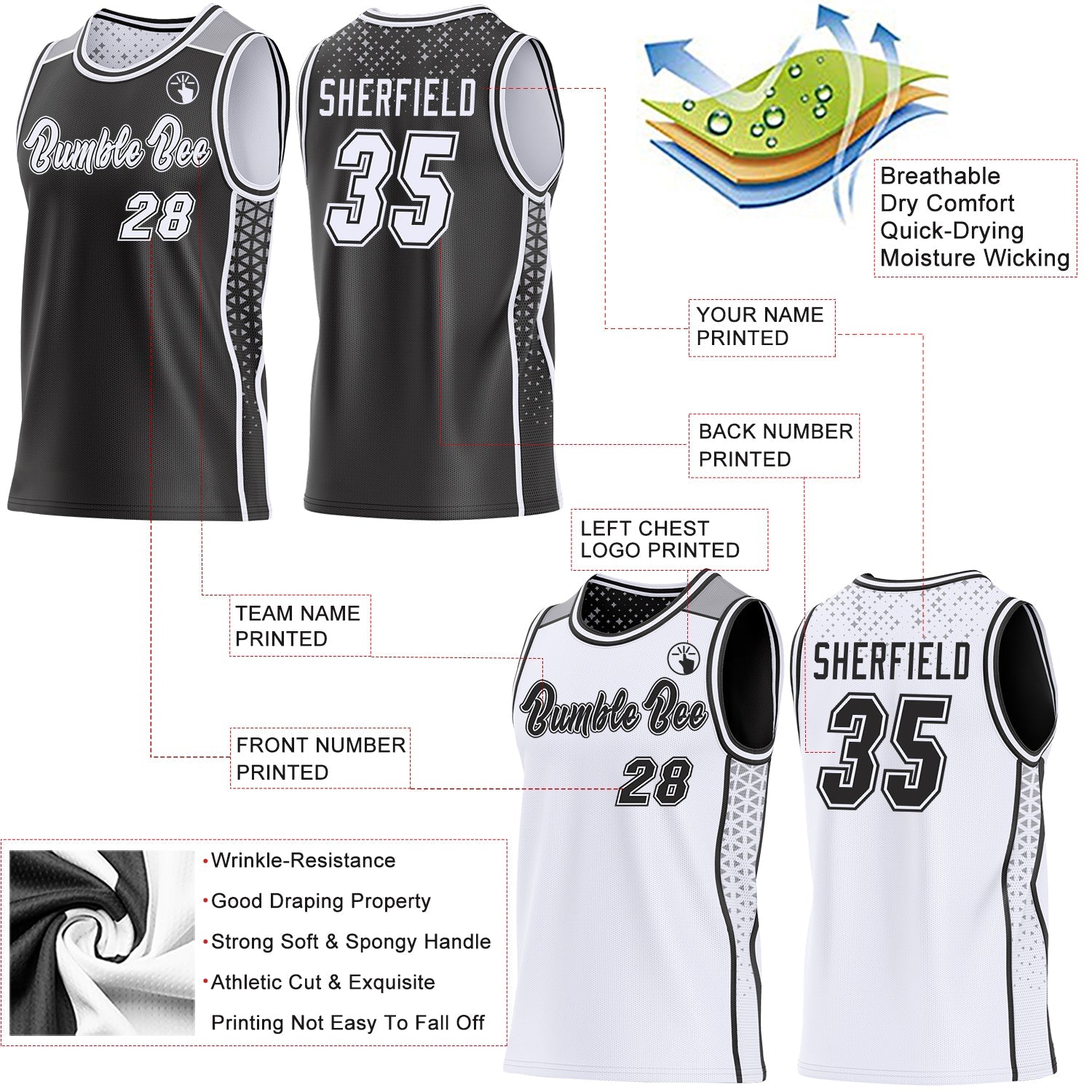 Custom Black White-Gray Side Panel Stripe Geometric Triangle Gradient Dot Reversible Double Side Sublimation Basketball Set Jersey view 3