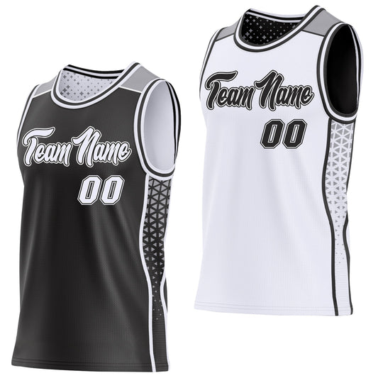 Custom Black White-Gray Side Panel Stripe Geometric Triangle Gradient Dot Reversible Double Side Sublimation Basketball Set Jersey - Main View