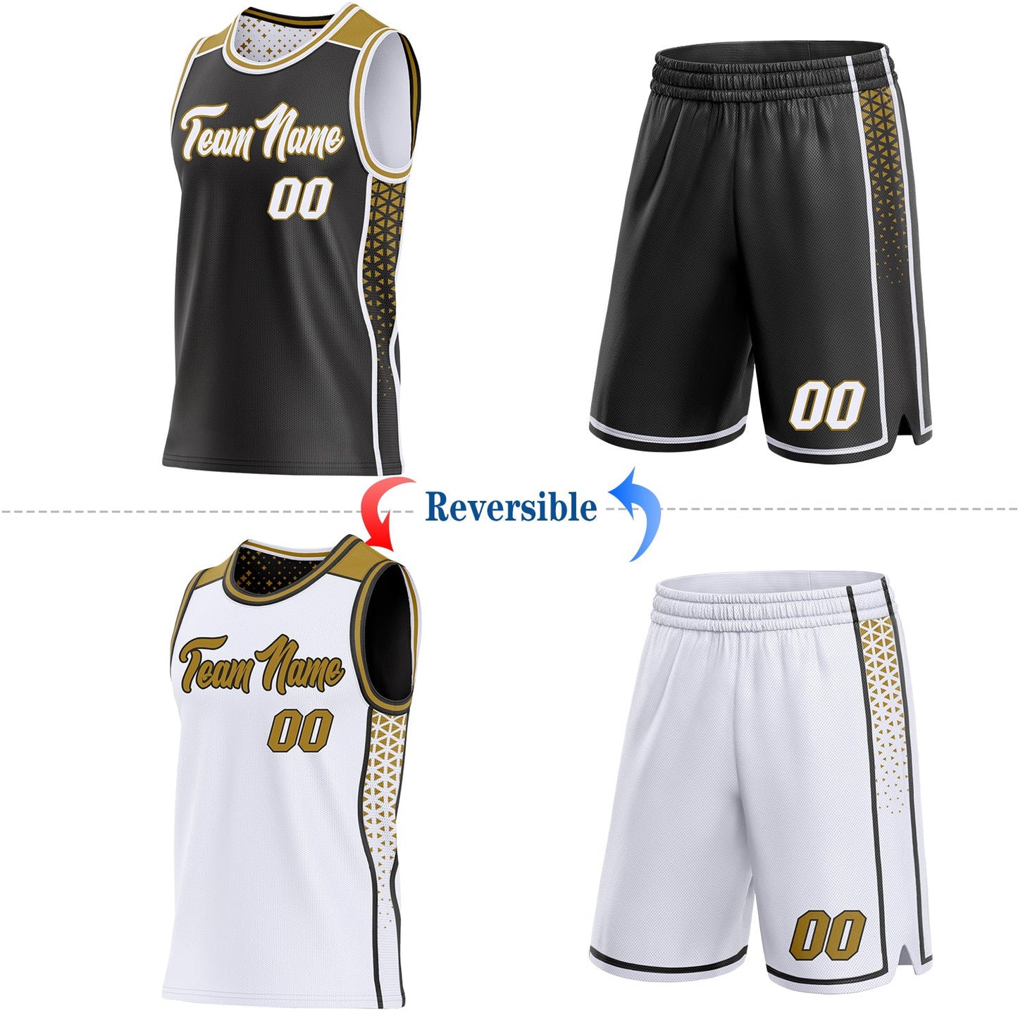 Custom Black White-Old Gold Side Panel Stripe Geometric Triangle Gradient Dot Reversible Double Side Sublimation Basketball Set Jersey view 2