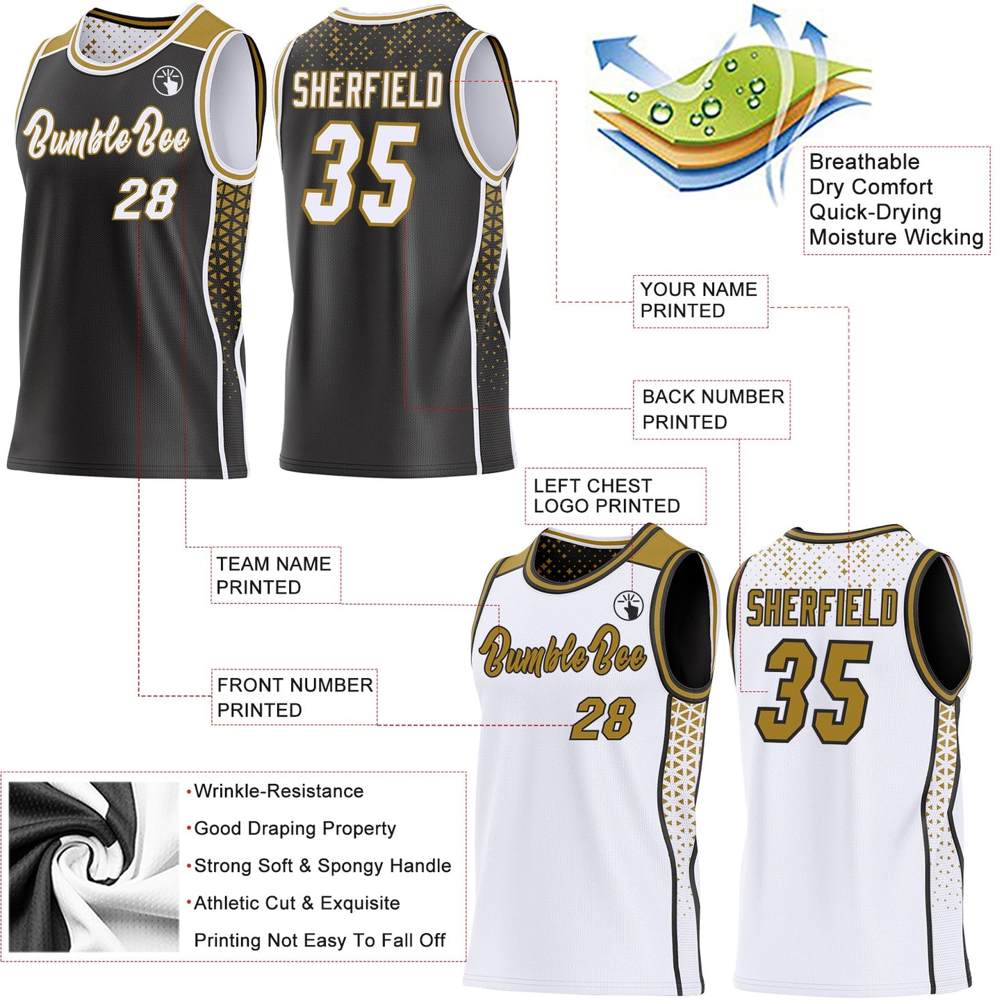 Custom Black White-Old Gold Side Panel Stripe Geometric Triangle Gradient Dot Reversible Double Side Sublimation Basketball Set Jersey view 3