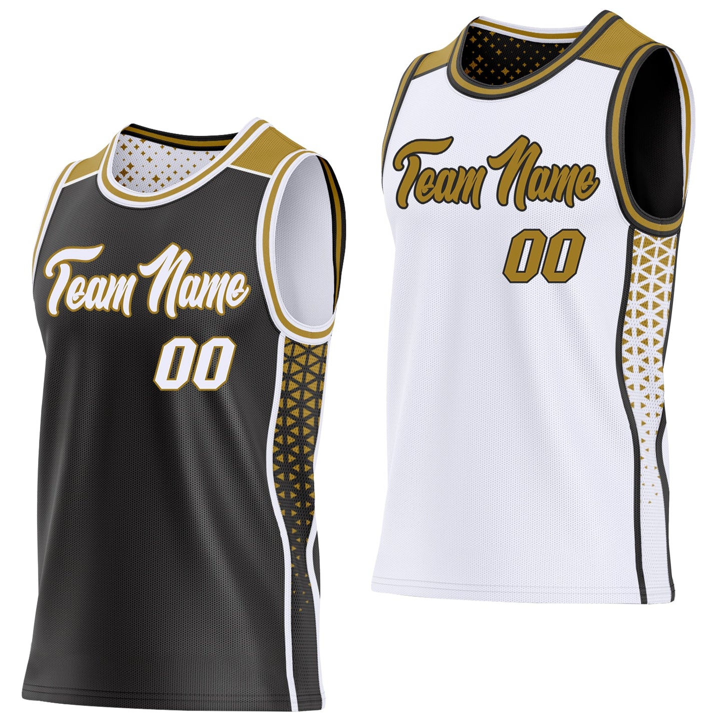 Custom Black White-Old Gold Side Panel Stripe Geometric Triangle Gradient Dot Reversible Double Side Sublimation Basketball Set Jersey - Main View