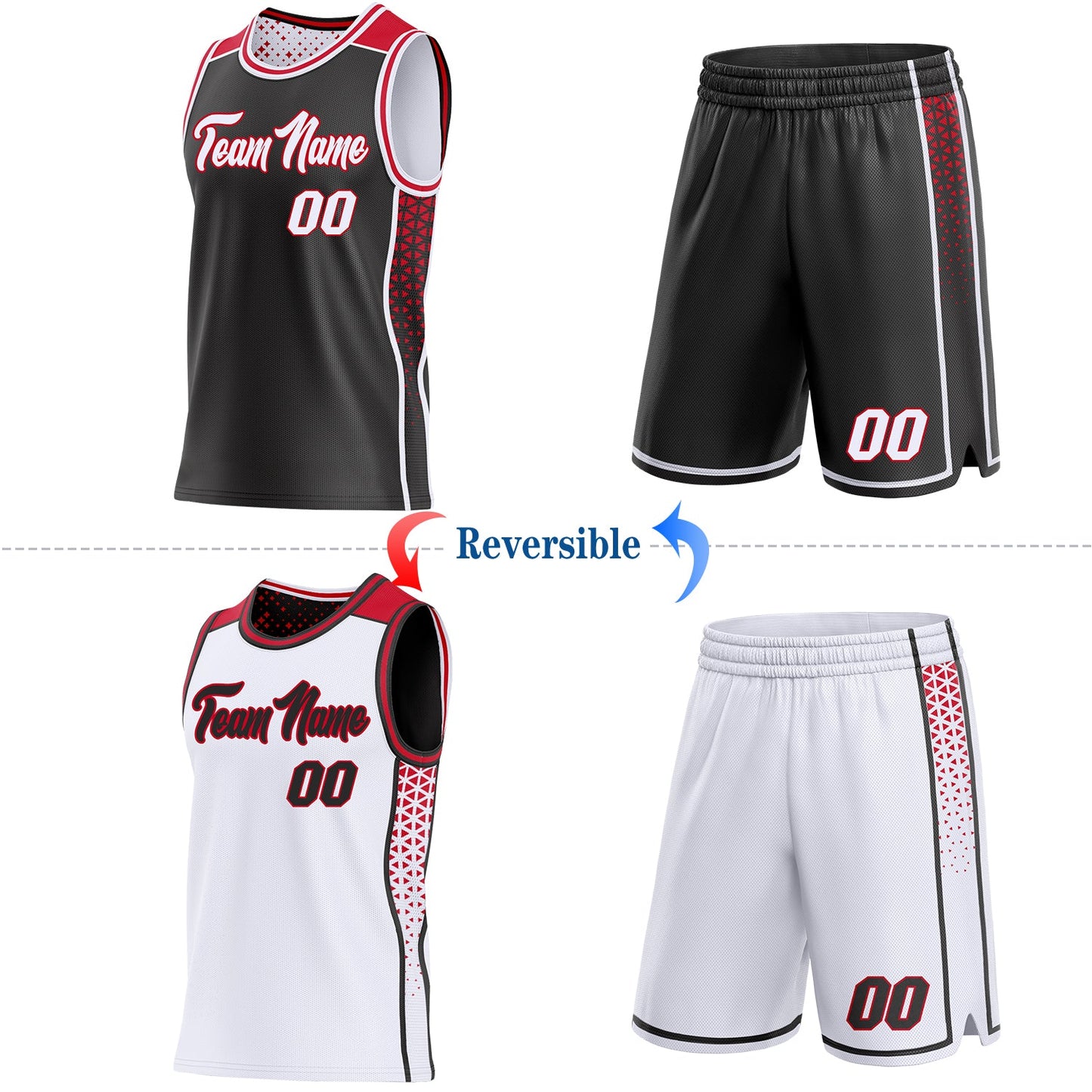 Custom Black White-Red Side Panel Stripe Geometric Triangle Gradient Dot Reversible Double Side Sublimation Basketball Set Jersey view 2