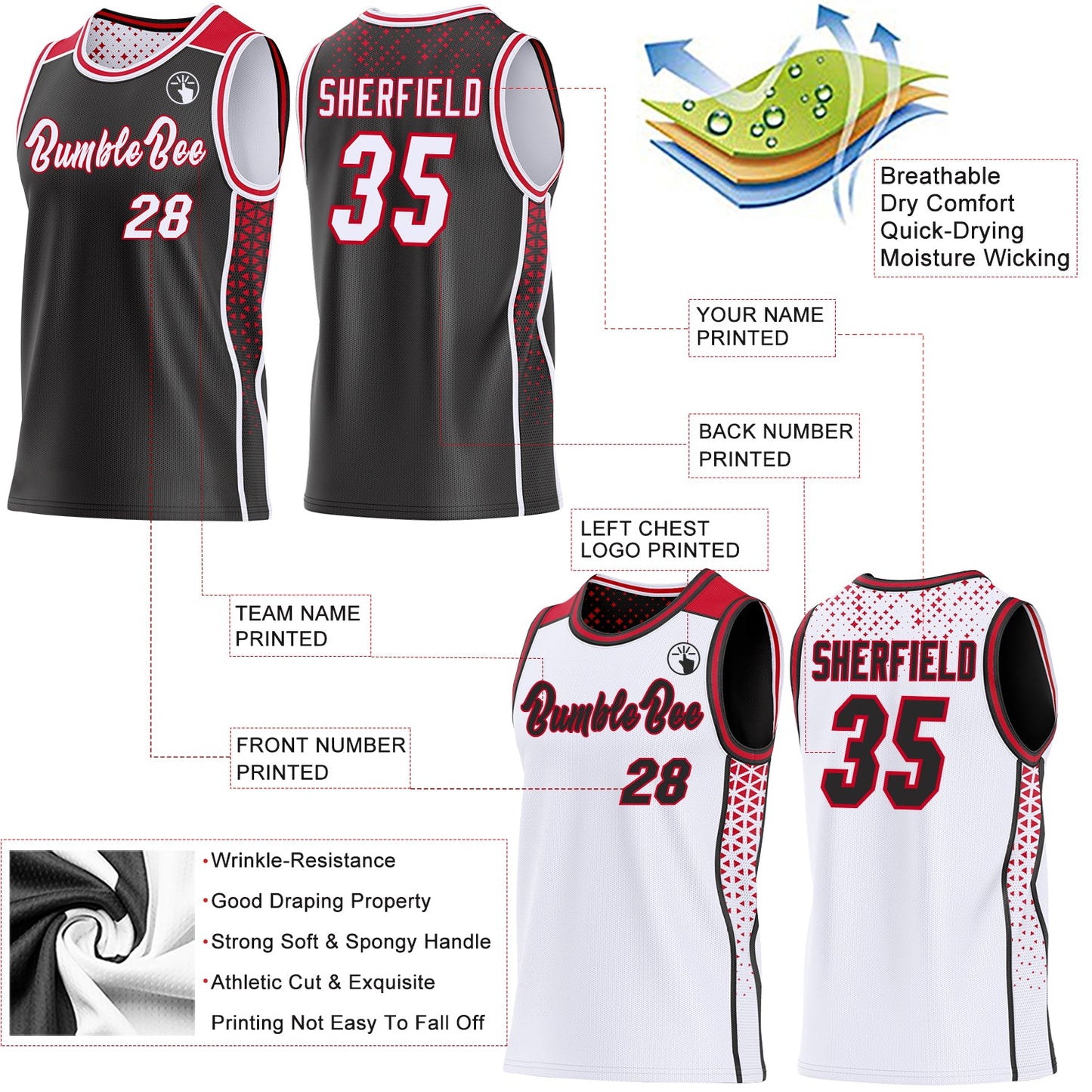 Custom Black White-Red Side Panel Stripe Geometric Triangle Gradient Dot Reversible Double Side Sublimation Basketball Set Jersey view 3
