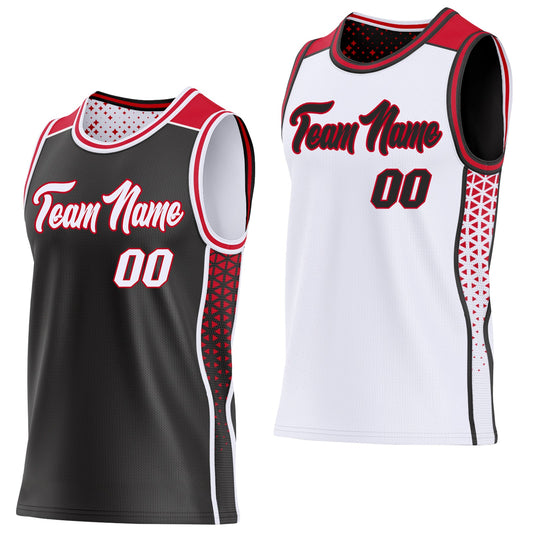 Custom Black White-Red Side Panel Stripe Geometric Triangle Gradient Dot Reversible Double Side Sublimation Basketball Set Jersey - Main View