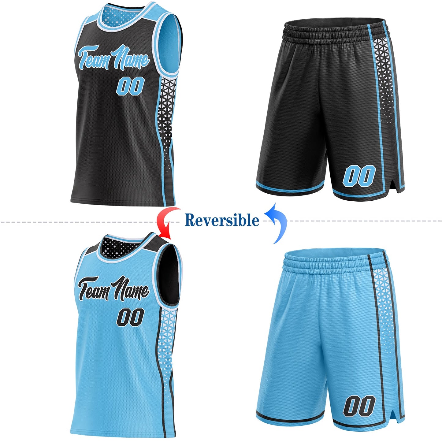 Custom Black Sky Blue-White Side Panel Stripe Geometric Triangle Gradient Dot Reversible Double Side Sublimation Basketball Set Jersey view 2