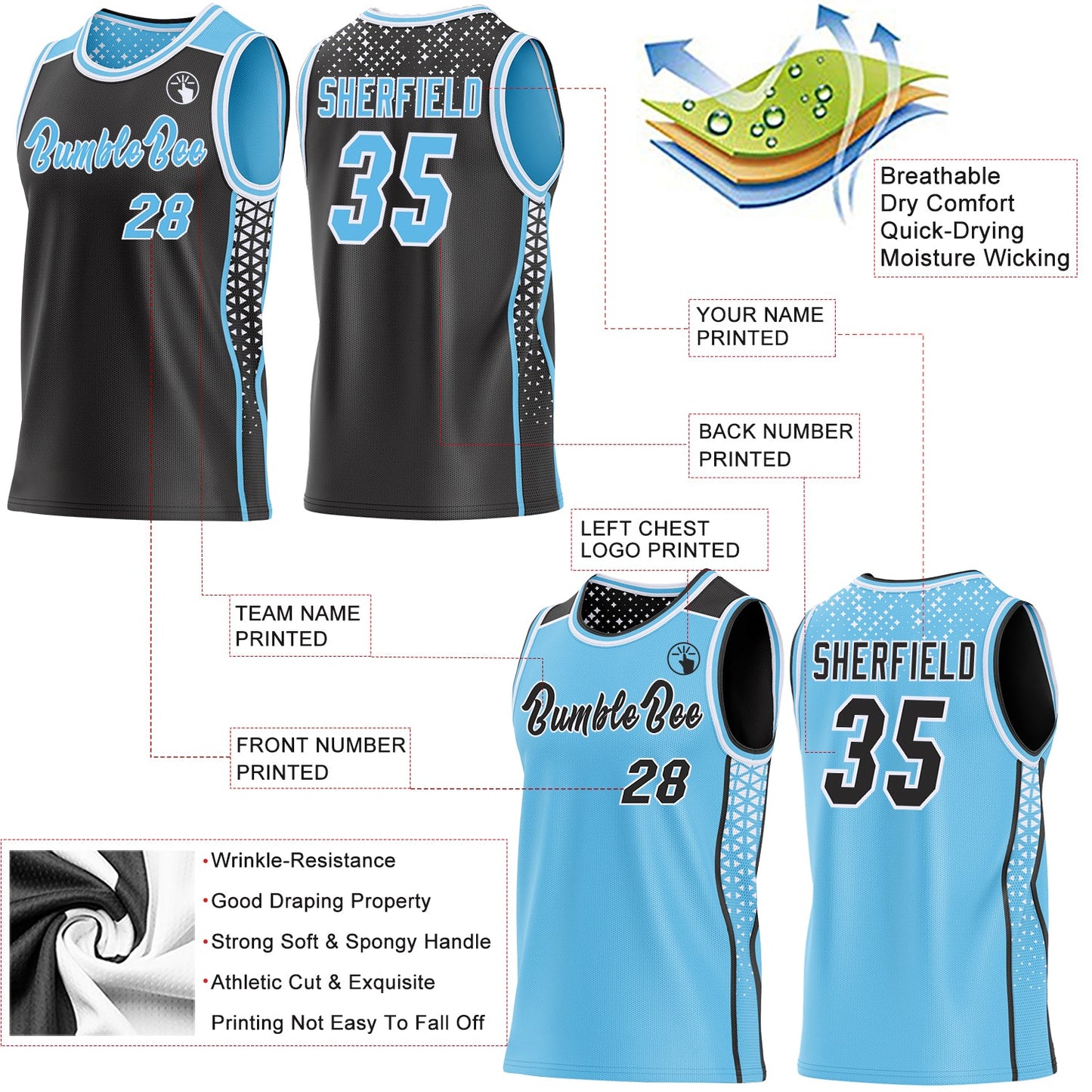 Custom Black Sky Blue-White Side Panel Stripe Geometric Triangle Gradient Dot Reversible Double Side Sublimation Basketball Set Jersey view 3