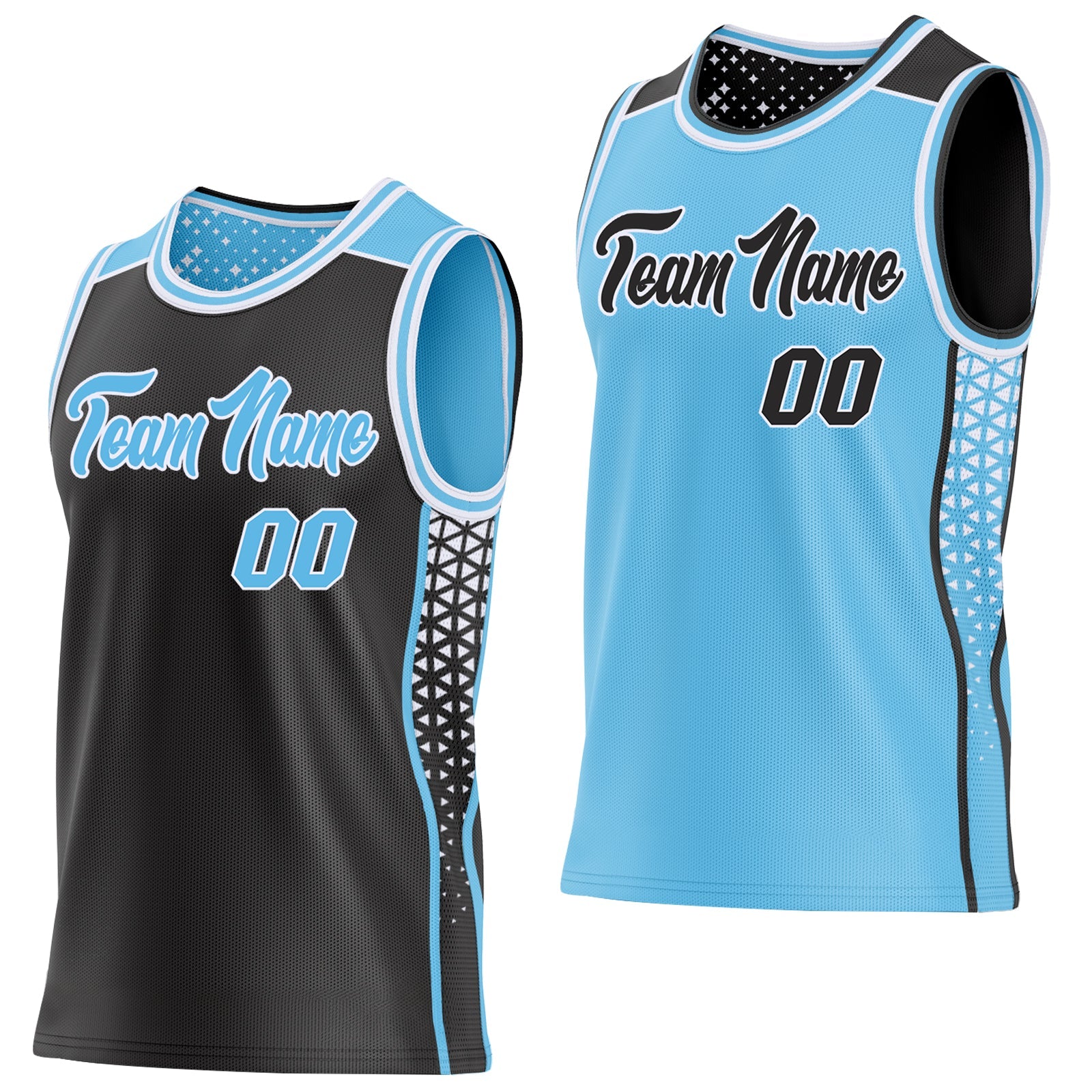 Custom Black Sky Blue-White Side Panel Stripe Geometric Triangle Gradient Dot Reversible Double Side Sublimation Basketball Set Jersey - Main View