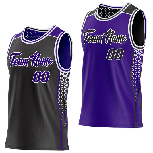 Custom Black Purple-White Side Panel Stripe Geometric Triangle Gradient Dot Reversible Double Side Sublimation Basketball Set Jersey - Main View