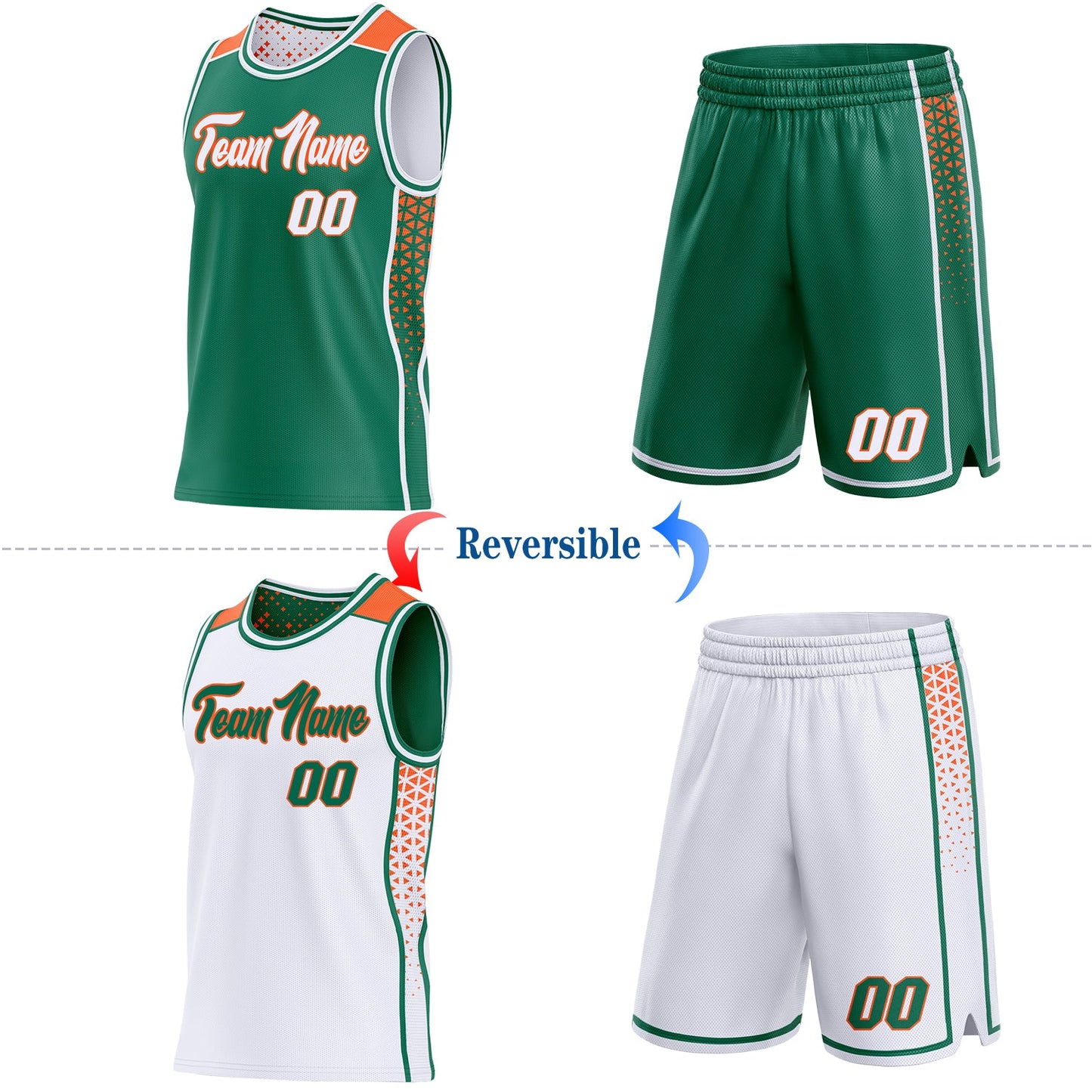 Custom Kelly Green White-Orange Side Panel Stripe Geometric Triangle Gradient Dot Reversible Double Side Sublimation Basketball Set Jersey view 2