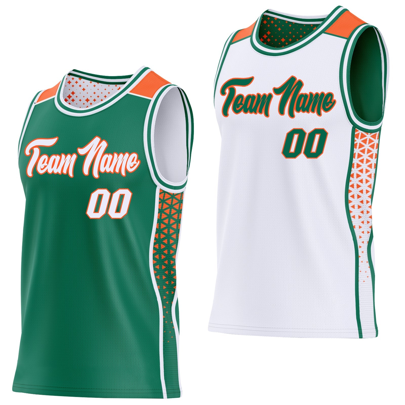 Custom Kelly Green White-Orange Side Panel Stripe Geometric Triangle Gradient Dot Reversible Double Side Sublimation Basketball Set Jersey - Main View