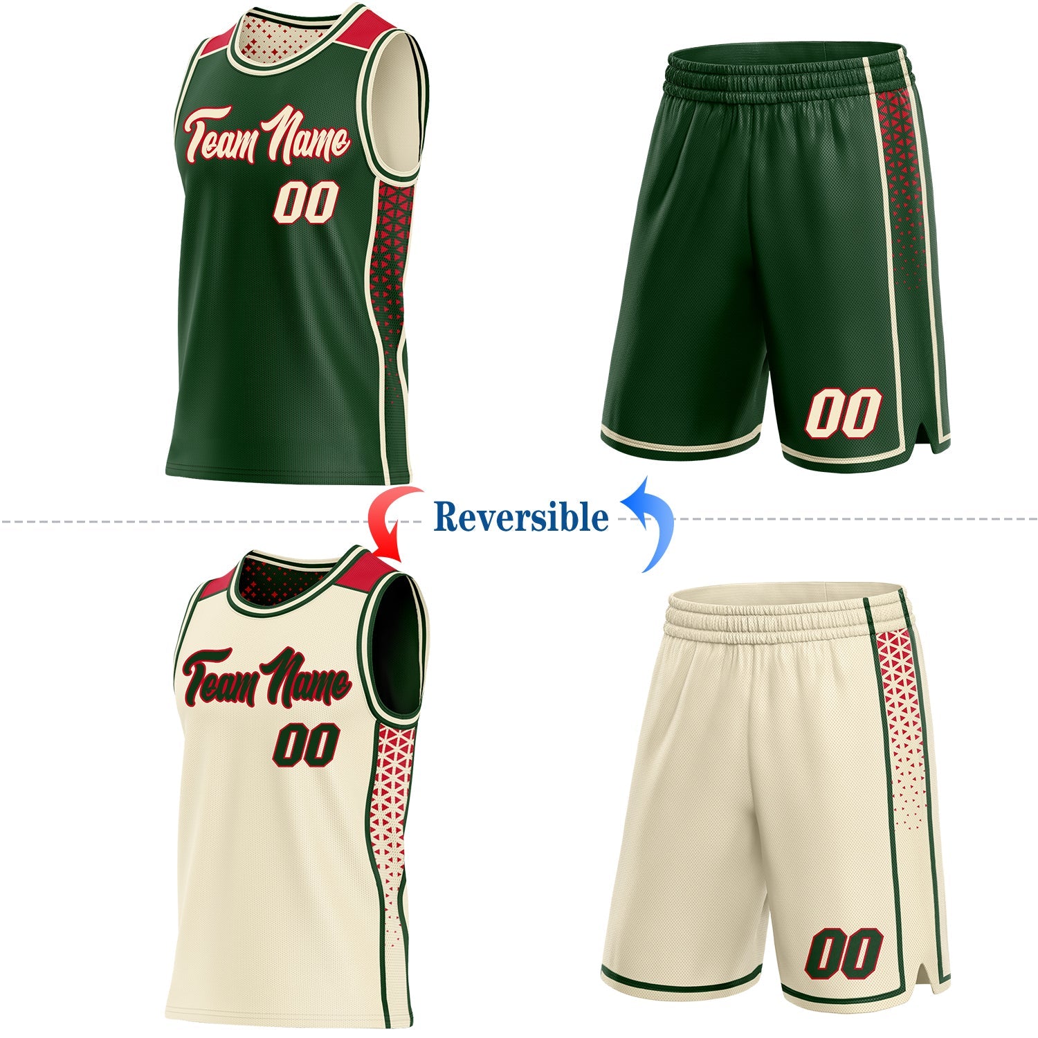 Custom Green Cream-Red Side Panel Stripe Geometric Triangle Gradient Dot Reversible Double Side Sublimation Basketball Set Jersey view 2