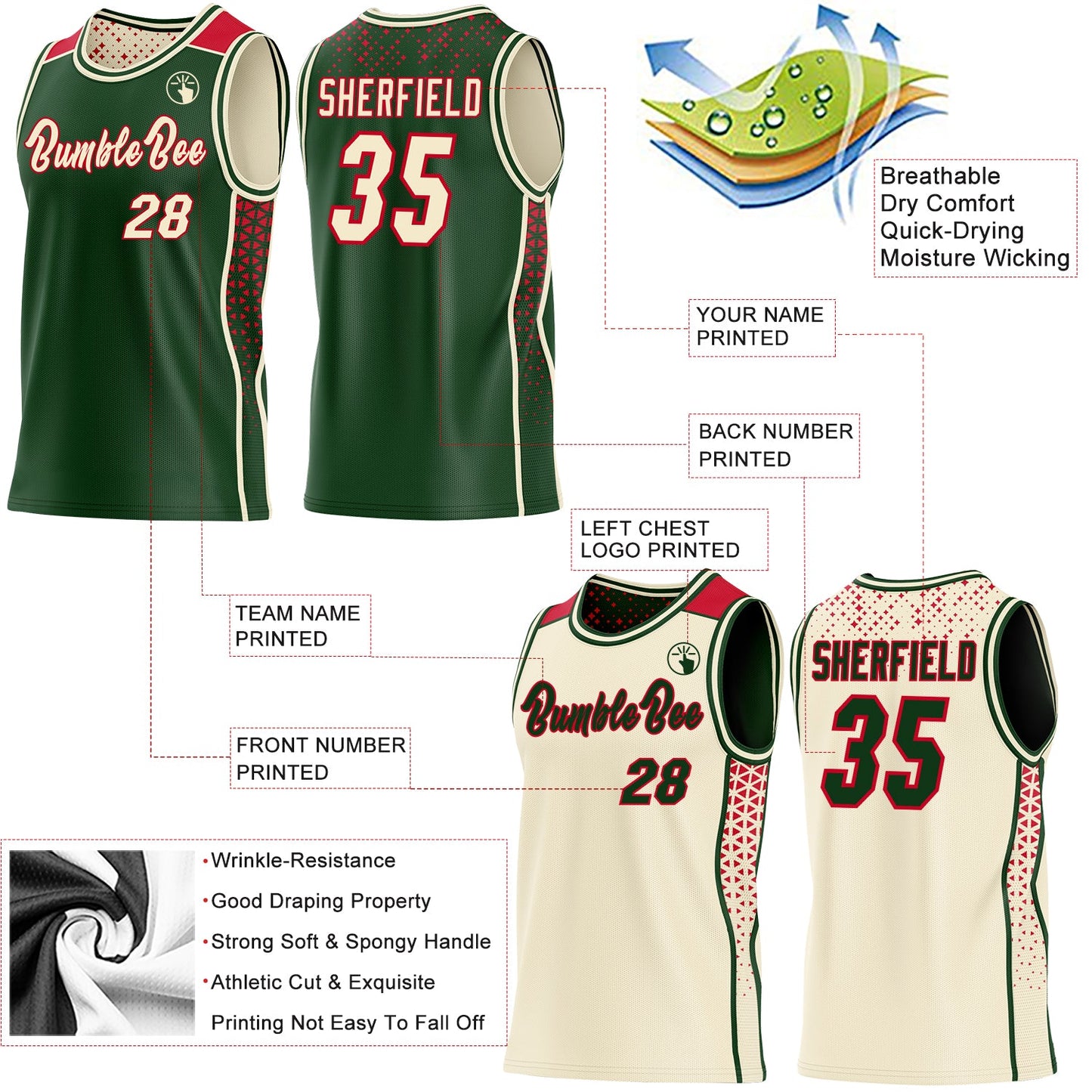 Custom Green Cream-Red Side Panel Stripe Geometric Triangle Gradient Dot Reversible Double Side Sublimation Basketball Set Jersey view 3