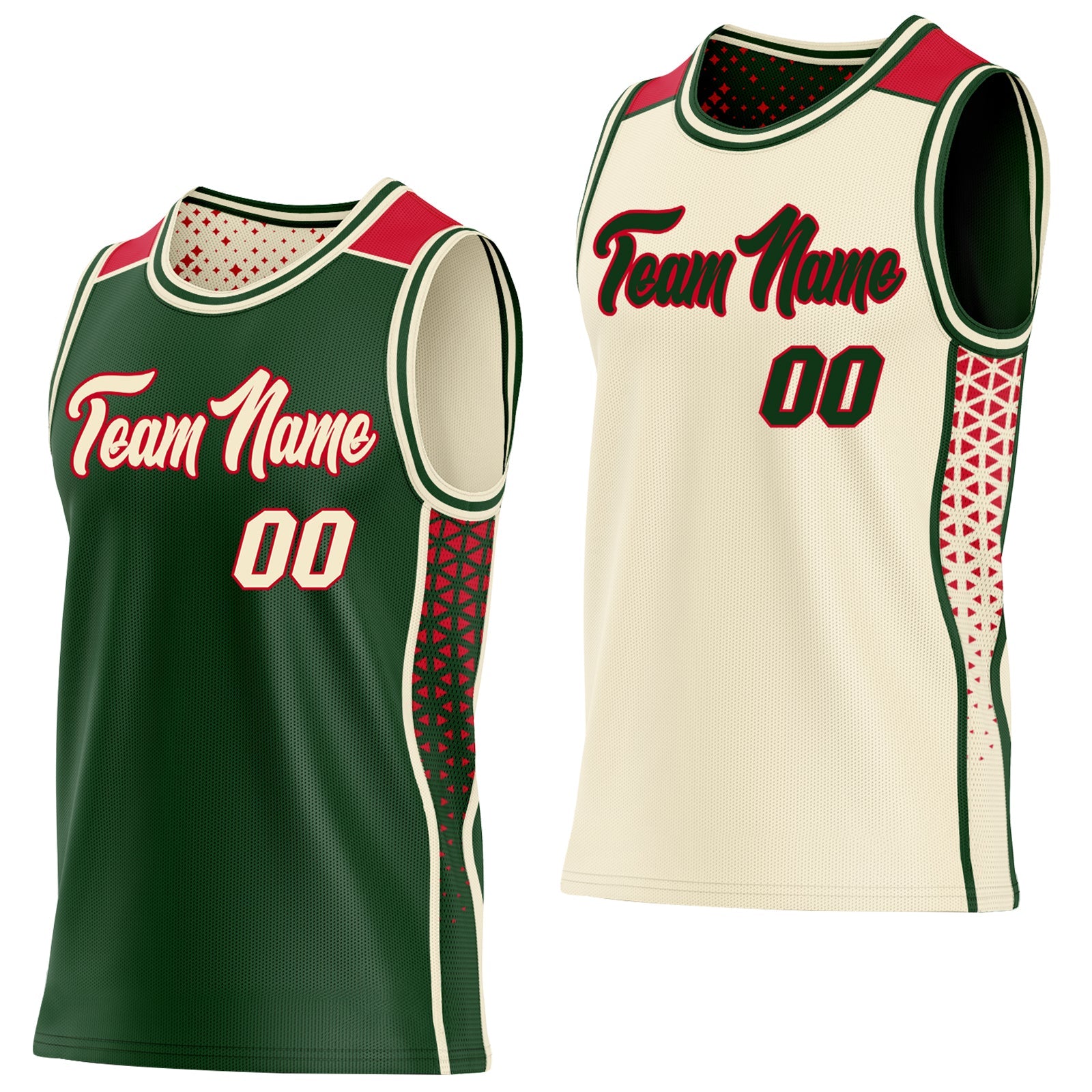 Custom Green Cream-Red Side Panel Stripe Geometric Triangle Gradient Dot Reversible Double Side Sublimation Basketball Set Jersey - Main View