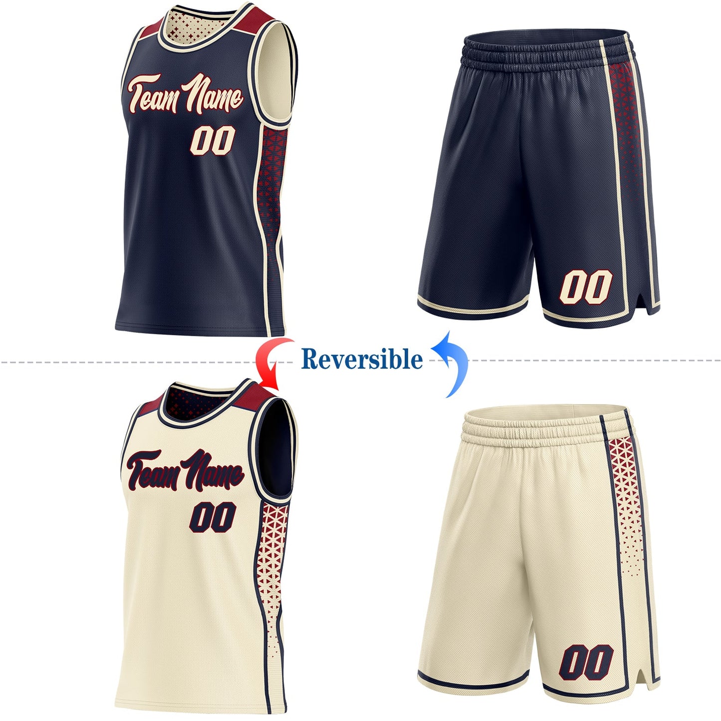 Custom Navy Cream-Maroon Side Panel Stripe Geometric Triangle Gradient Dot Reversible Double Side Sublimation Basketball Set Jersey view 2