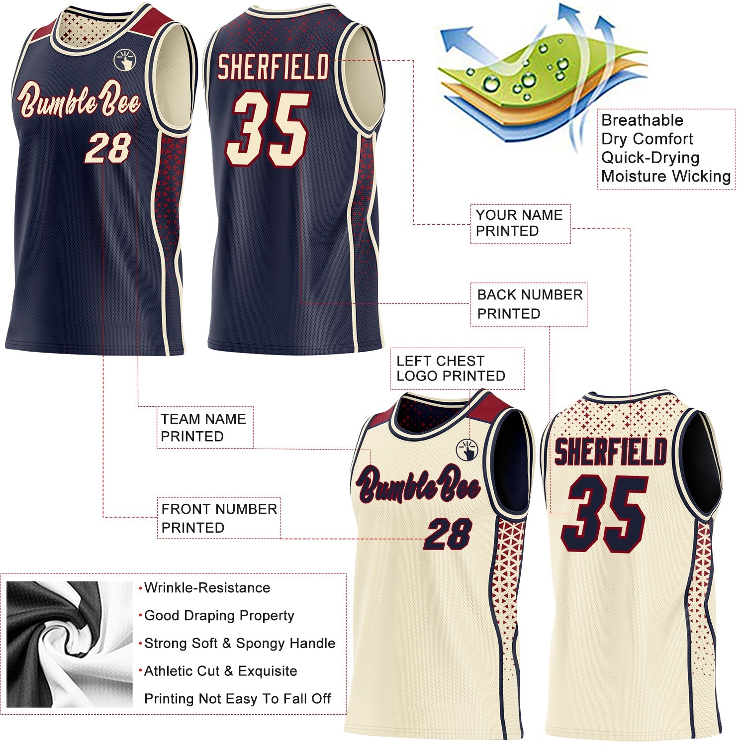 Custom Navy Cream-Maroon Side Panel Stripe Geometric Triangle Gradient Dot Reversible Double Side Sublimation Basketball Set Jersey view 3