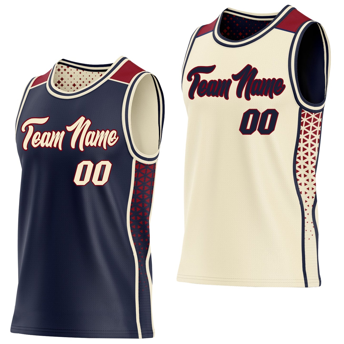 Custom Navy Cream-Maroon Side Panel Stripe Geometric Triangle Gradient Dot Reversible Double Side Sublimation Basketball Set Jersey - Main View