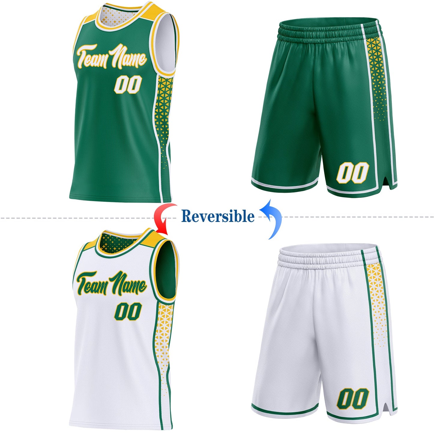 Custom Kelly Green White-Gold Side Panel Stripe Geometric Triangle Gradient Dot Reversible Double Side Sublimation Basketball Set Jersey view 2
