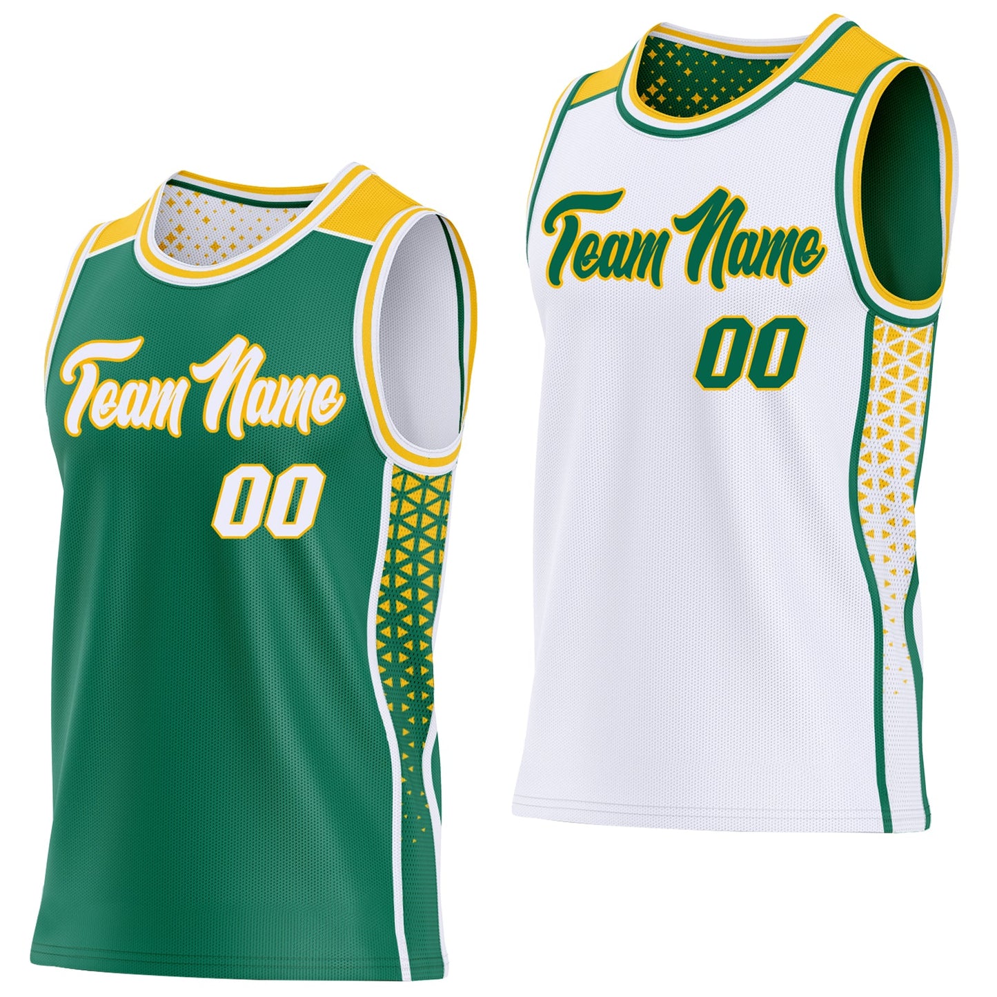 Custom Kelly Green White-Gold Side Panel Stripe Geometric Triangle Gradient Dot Reversible Double Side Sublimation Basketball Set Jersey - Main View