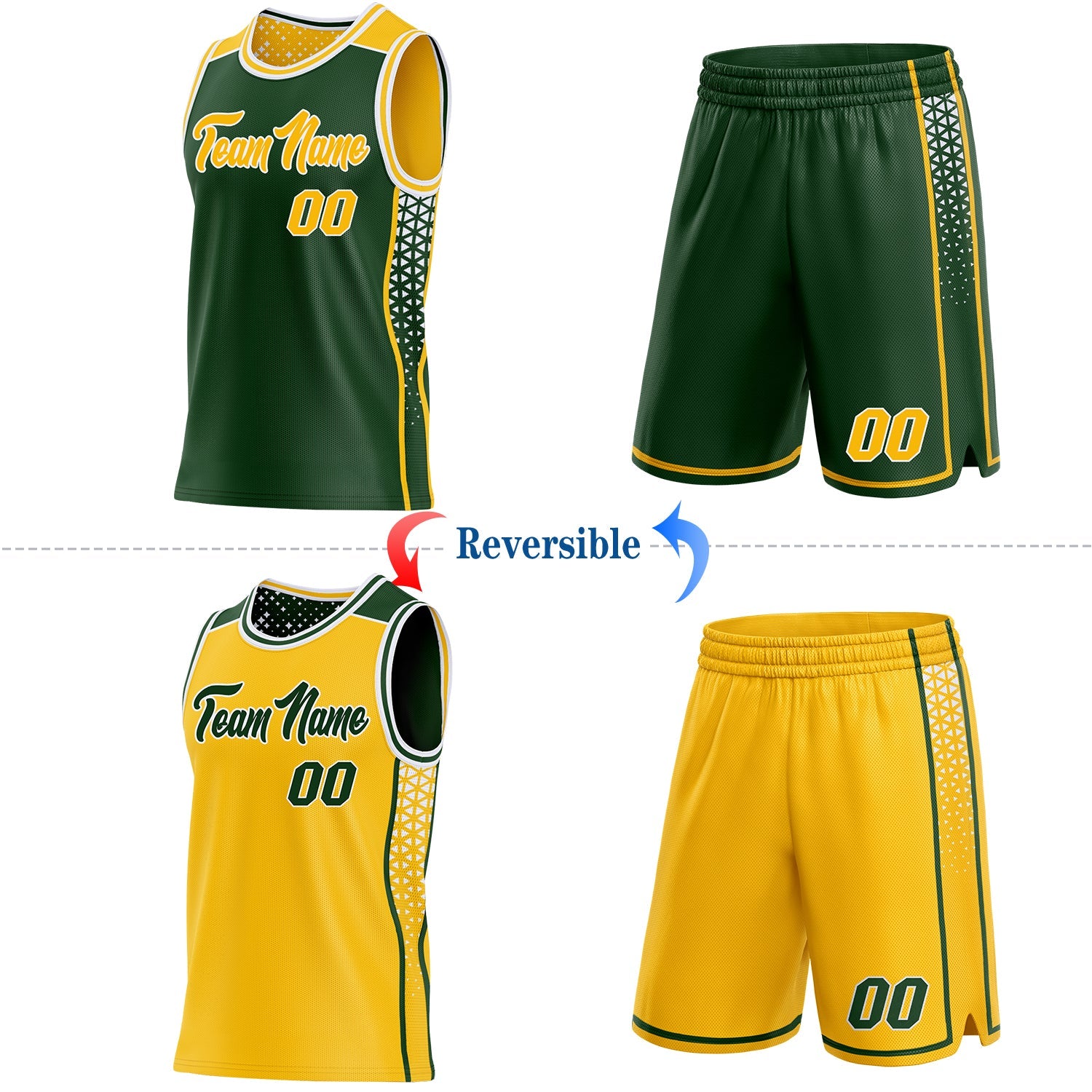 Custom Green Gold-White Side Panel Stripe Geometric Triangle Gradient Dot Reversible Double Side Sublimation Basketball Set Jersey view 2