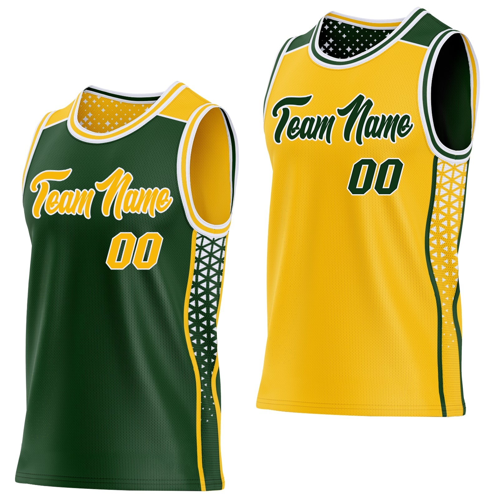Custom Green Gold-White Side Panel Stripe Geometric Triangle Gradient Dot Reversible Double Side Sublimation Basketball Set Jersey - Main View
