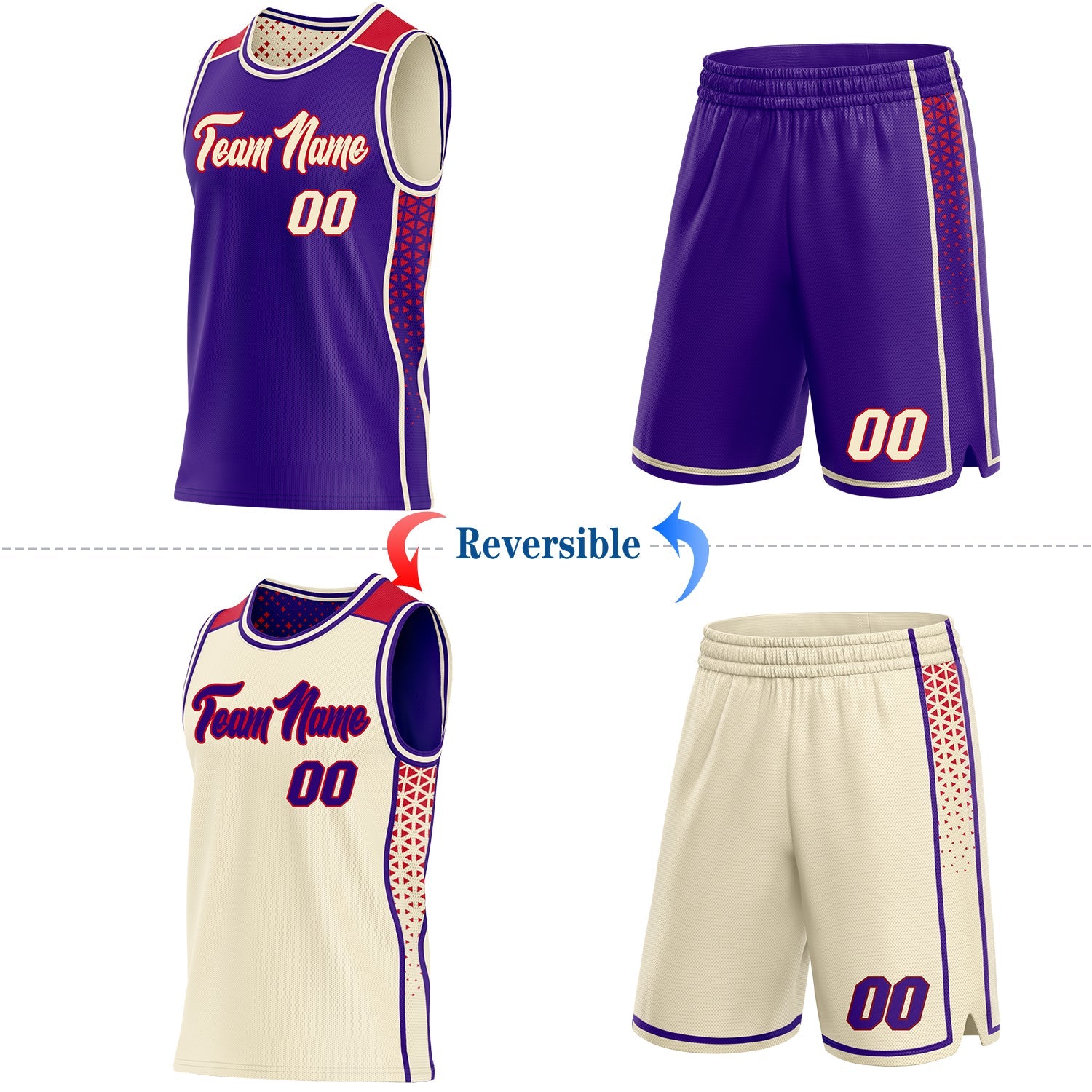 Custom Purple Cream-Red Side Panel Stripe Geometric Triangle Gradient Dot Reversible Double Side Sublimation Basketball Set Jersey view 2
