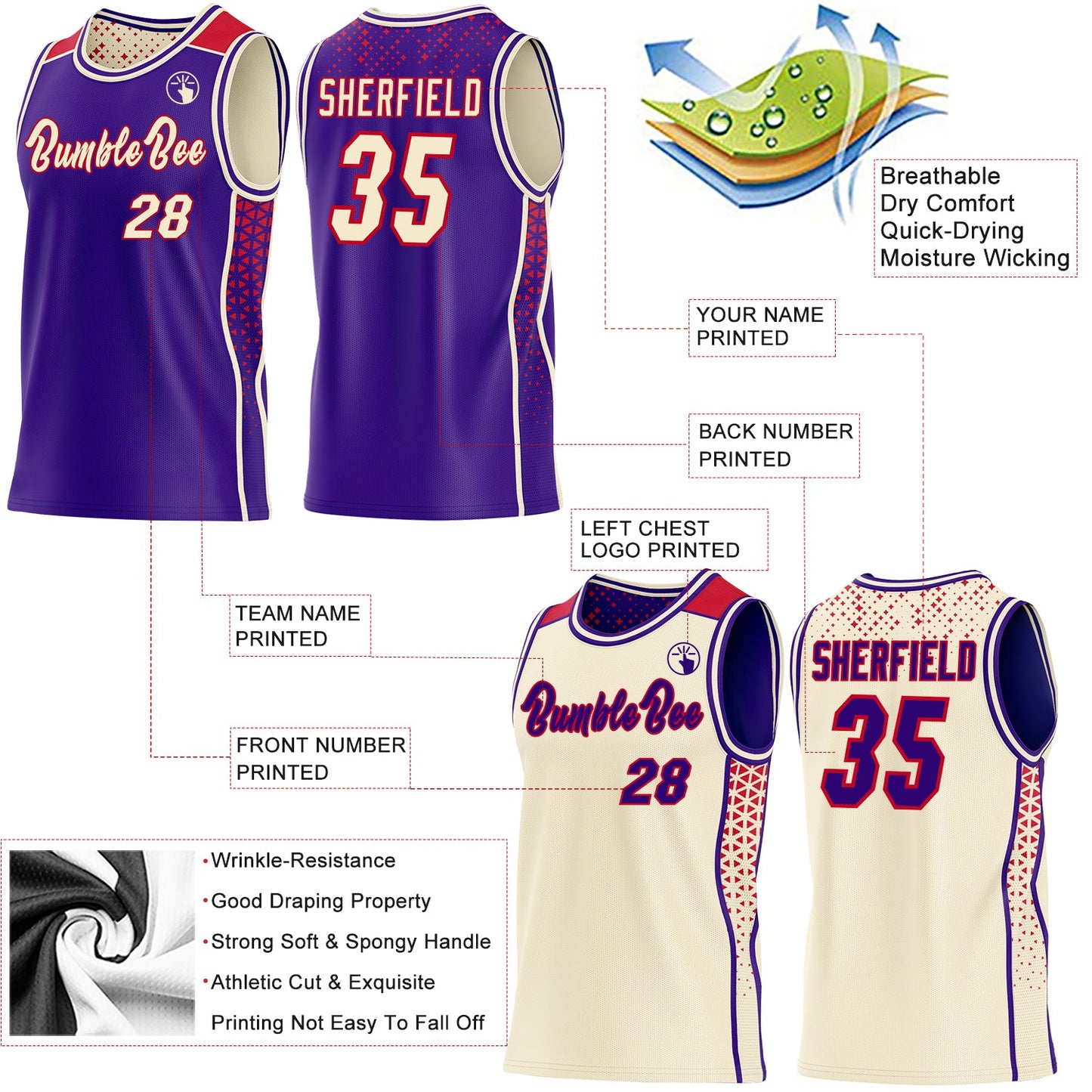 Custom Purple Cream-Red Side Panel Stripe Geometric Triangle Gradient Dot Reversible Double Side Sublimation Basketball Set Jersey view 3