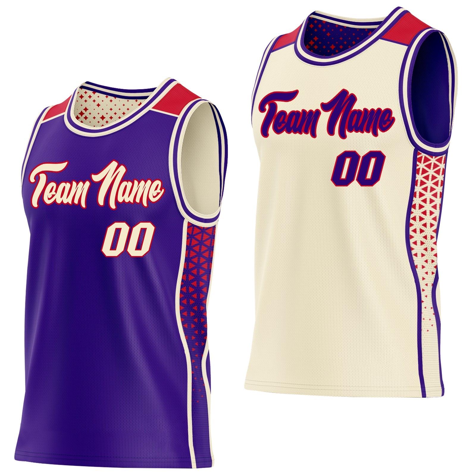 Custom Purple Cream-Red Side Panel Stripe Geometric Triangle Gradient Dot Reversible Double Side Sublimation Basketball Set Jersey - Main View