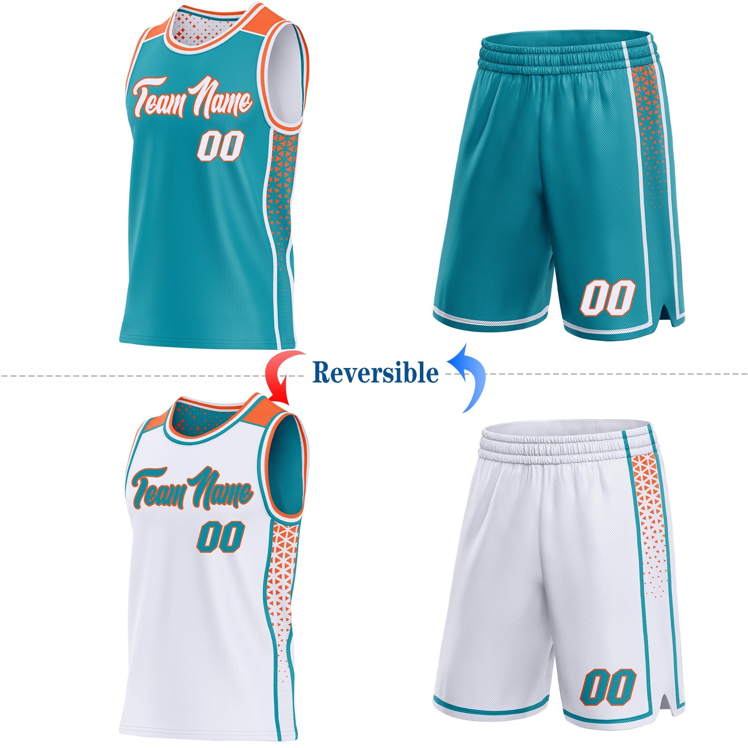 Custom Teal White-Orange Side Panel Stripe Geometric Triangle Gradient Dot Reversible Double Side Sublimation Basketball Set Jersey view 2