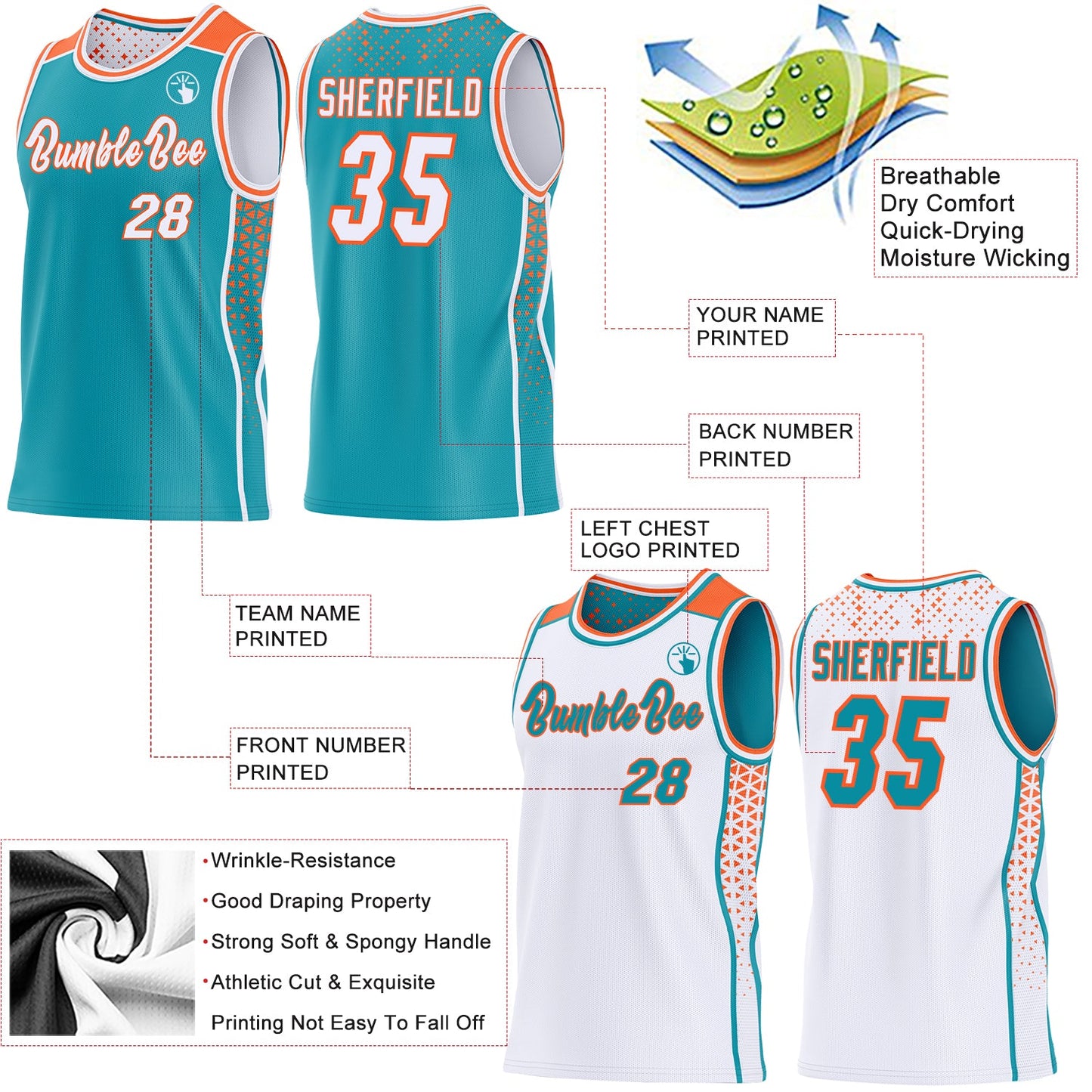 Custom Teal White-Orange Side Panel Stripe Geometric Triangle Gradient Dot Reversible Double Side Sublimation Basketball Set Jersey view 3