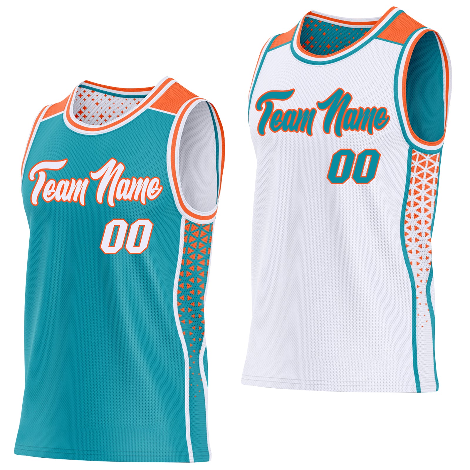Custom Teal White-Orange Side Panel Stripe Geometric Triangle Gradient Dot Reversible Double Side Sublimation Basketball Set Jersey - Main View
