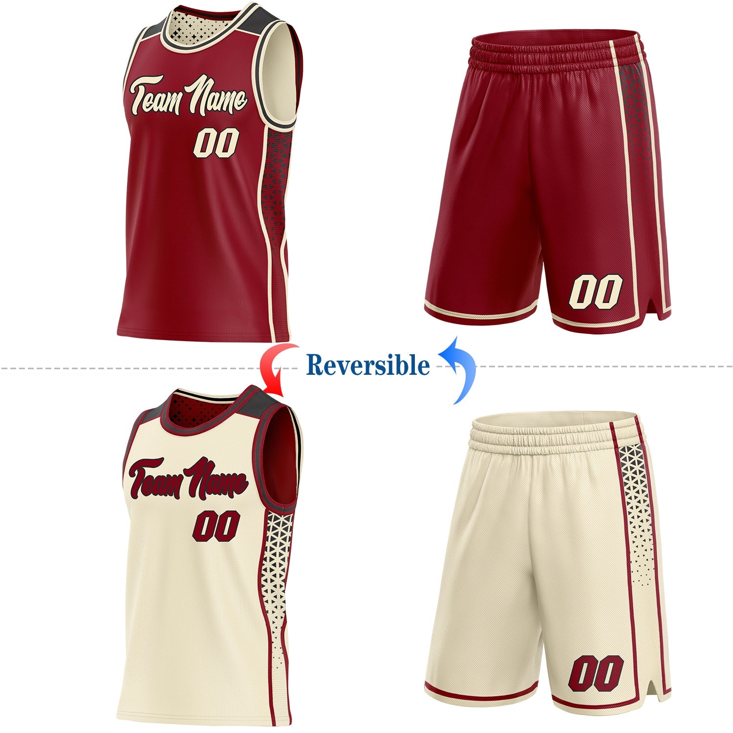 Custom Maroon Cream-Black Side Panel Stripe Geometric Triangle Gradient Dot Reversible Double Side Sublimation Basketball Set Jersey view 2