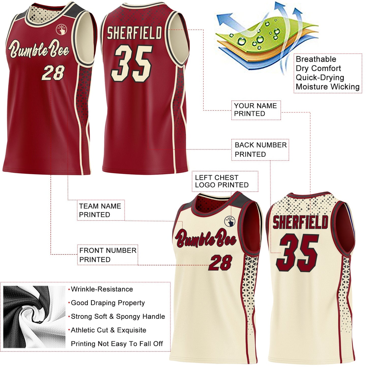 Custom Maroon Cream-Black Side Panel Stripe Geometric Triangle Gradient Dot Reversible Double Side Sublimation Basketball Set Jersey view 3