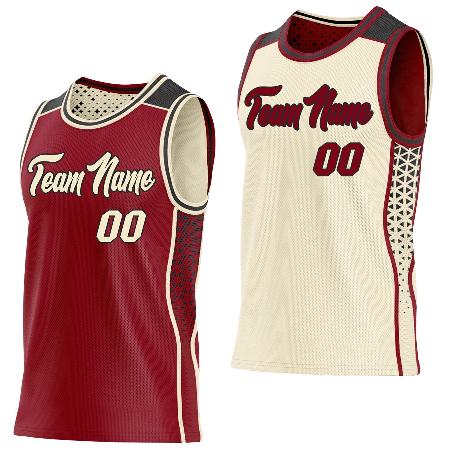 Custom Maroon Cream-Black Side Panel Stripe Geometric Triangle Gradient Dot Reversible Double Side Sublimation Basketball Set Jersey - Main View