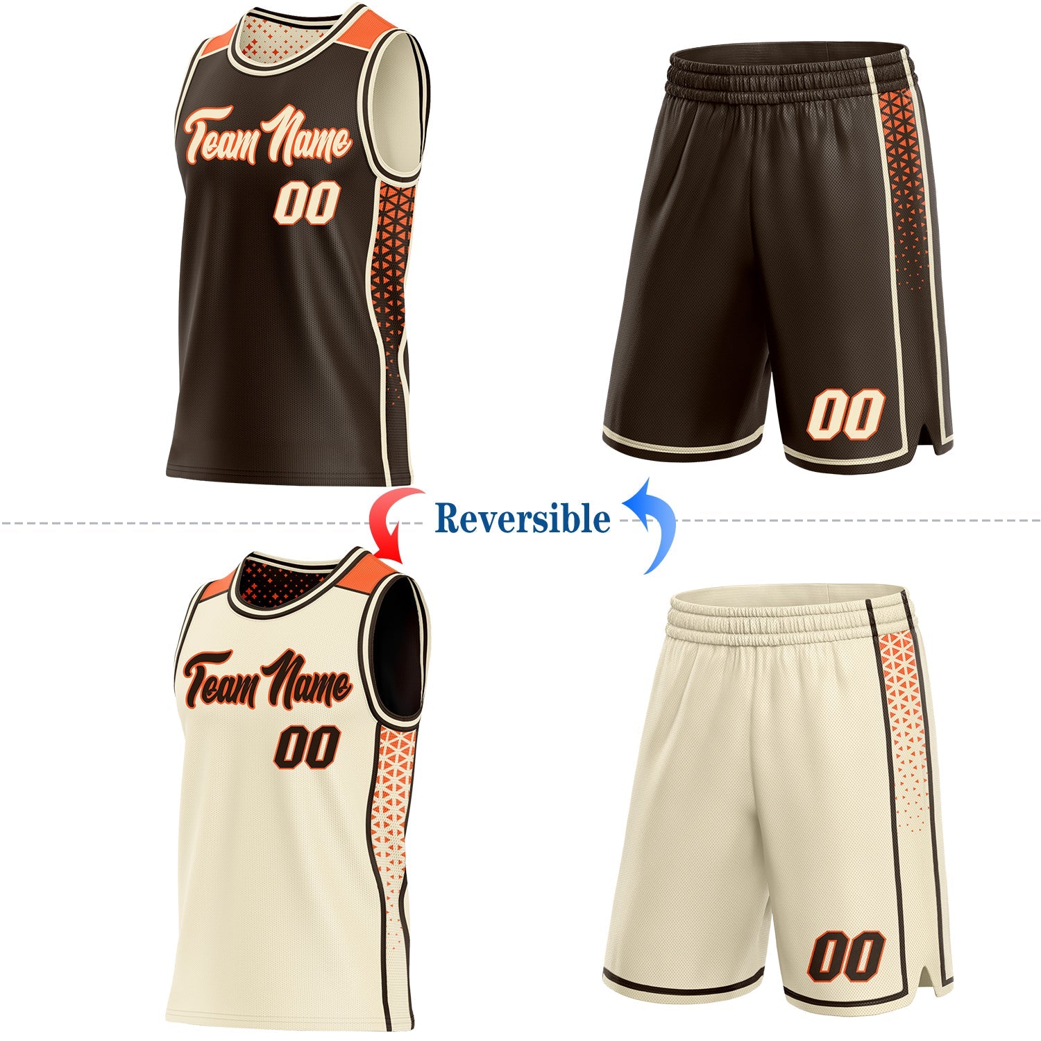 Custom Brown Cream-Orange Side Panel Stripe Geometric Triangle Gradient Dot Reversible Double Side Sublimation Basketball Set Jersey view 2