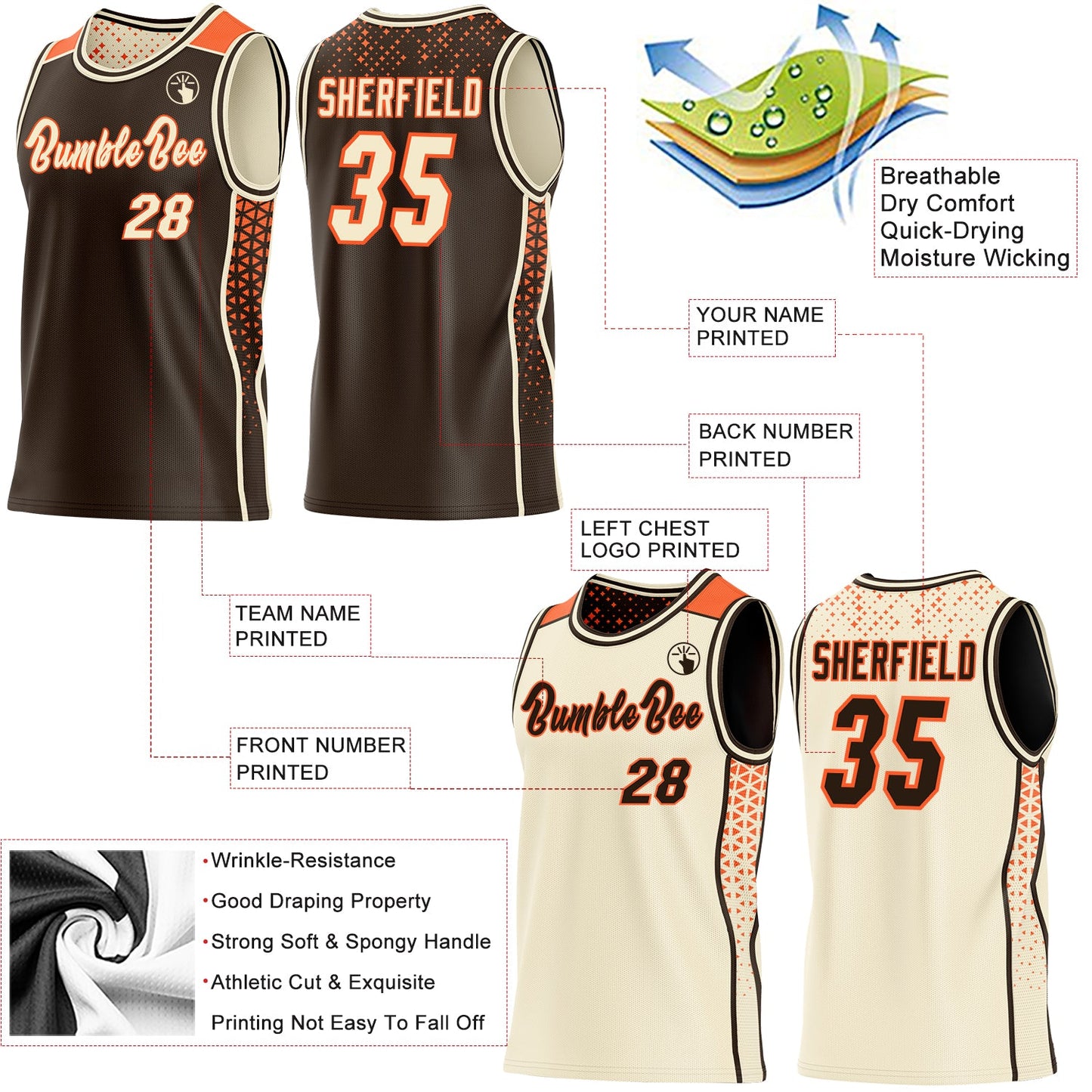 Custom Brown Cream-Orange Side Panel Stripe Geometric Triangle Gradient Dot Reversible Double Side Sublimation Basketball Set Jersey view 3