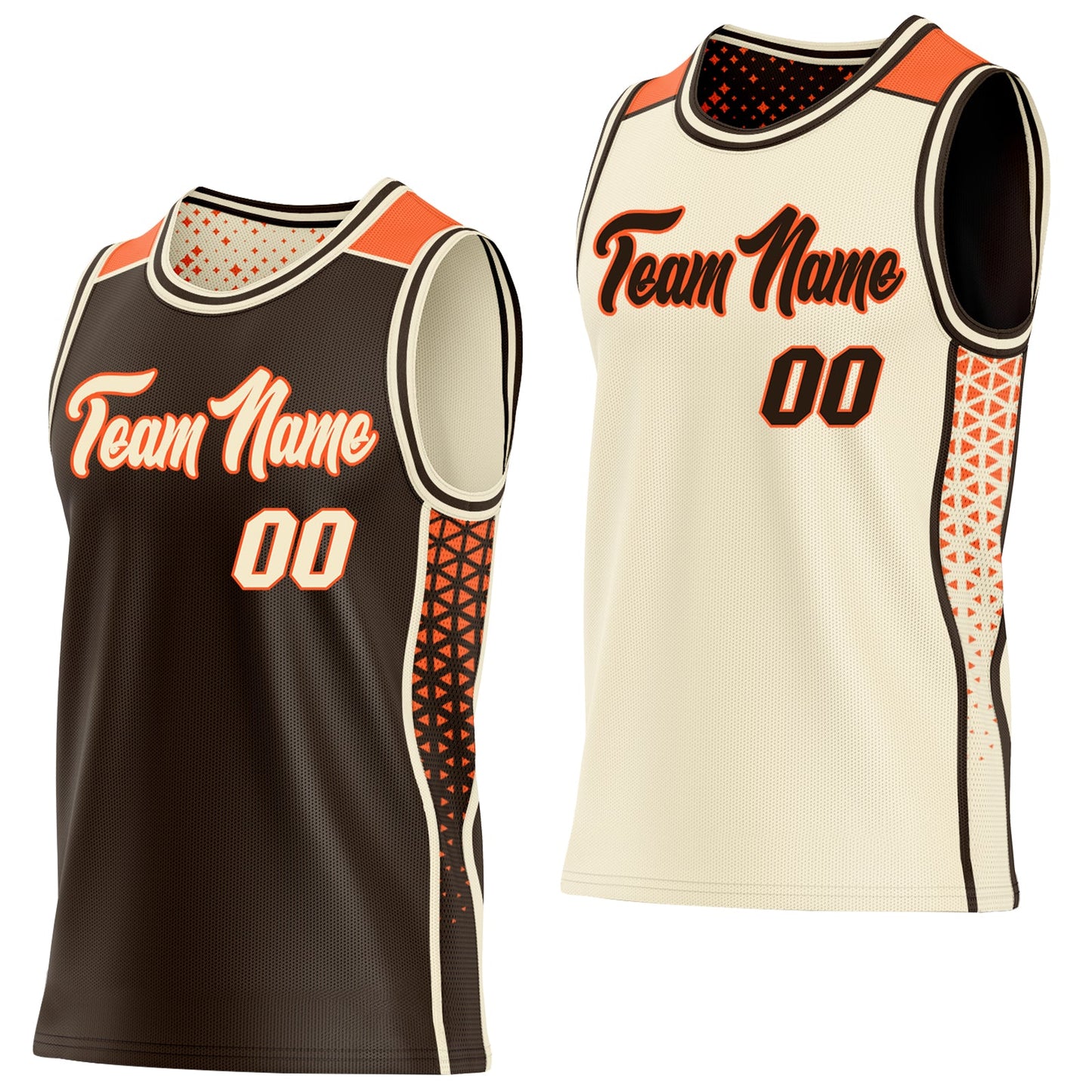 Custom Brown Cream-Orange Side Panel Stripe Geometric Triangle Gradient Dot Reversible Double Side Sublimation Basketball Set Jersey - Main View
