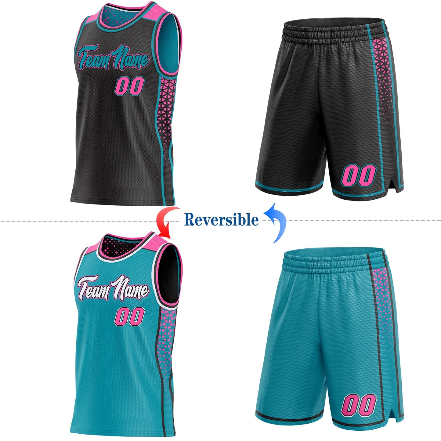 Custom Black Pink-Teal Side Panel Stripe Geometric Triangle Gradient Dot Reversible Double Side Sublimation Basketball Set Jersey view 2