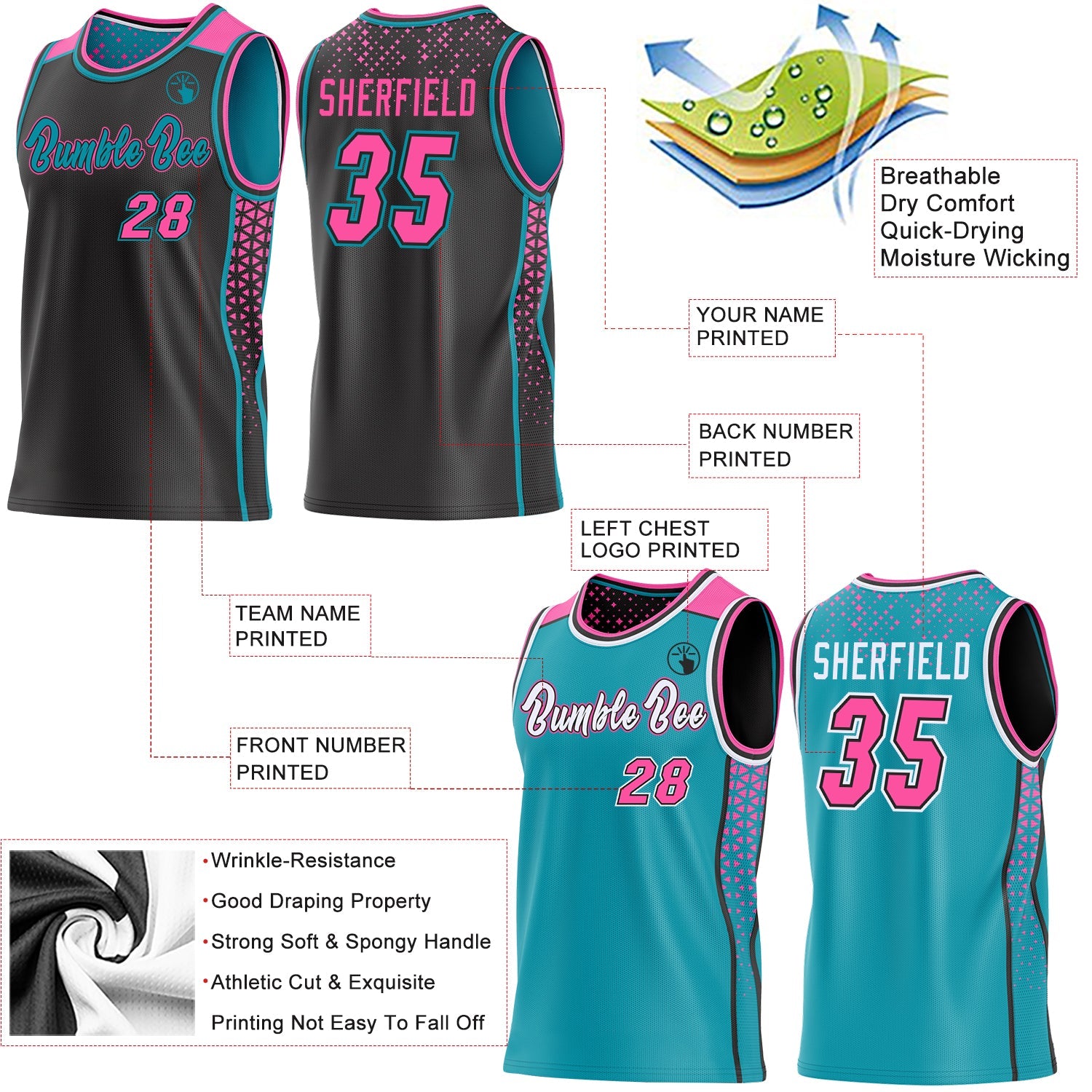 Custom Black Pink-Teal Side Panel Stripe Geometric Triangle Gradient Dot Reversible Double Side Sublimation Basketball Set Jersey view 3