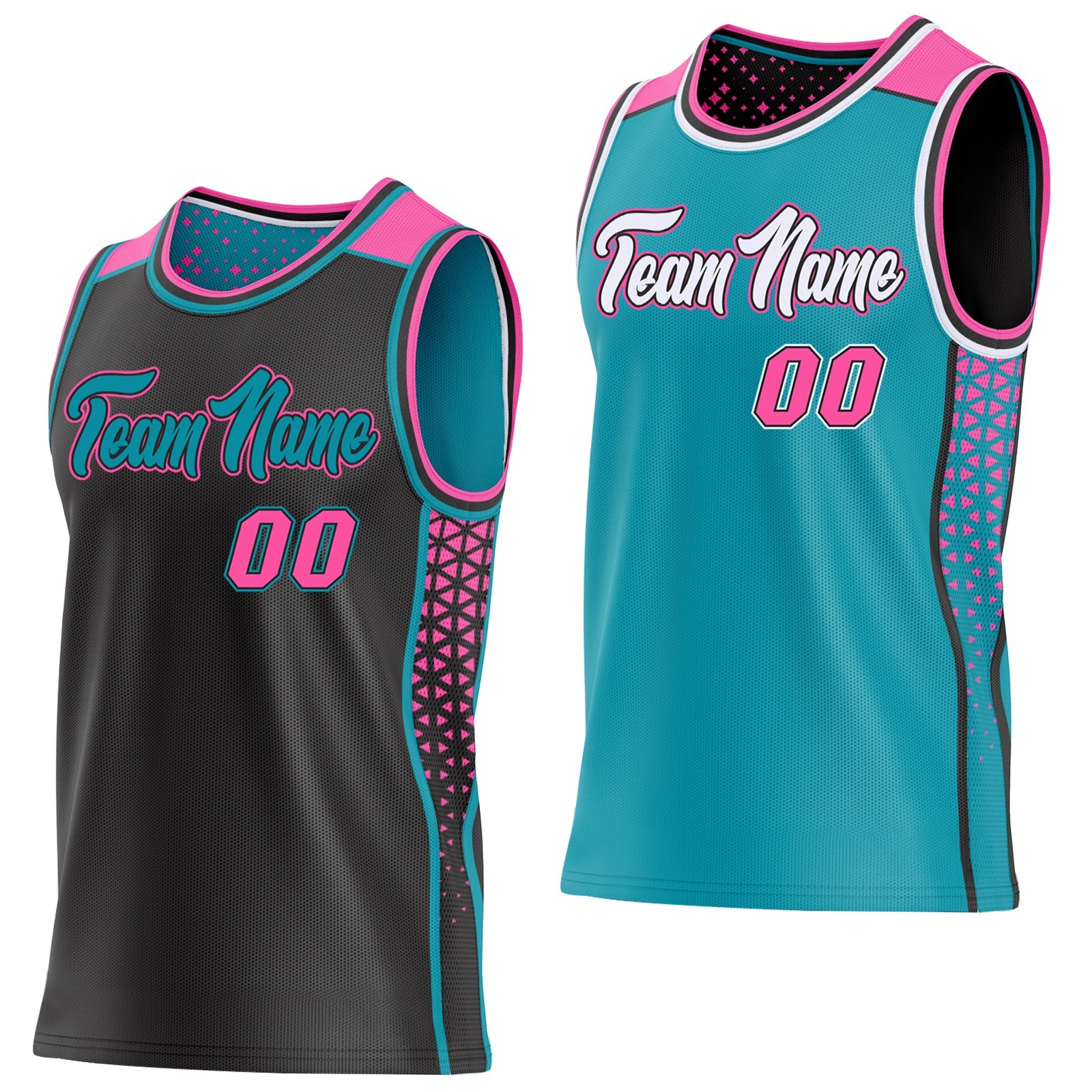 Custom Black Pink-Teal Side Panel Stripe Geometric Triangle Gradient Dot Reversible Double Side Sublimation Basketball Set Jersey - Main View