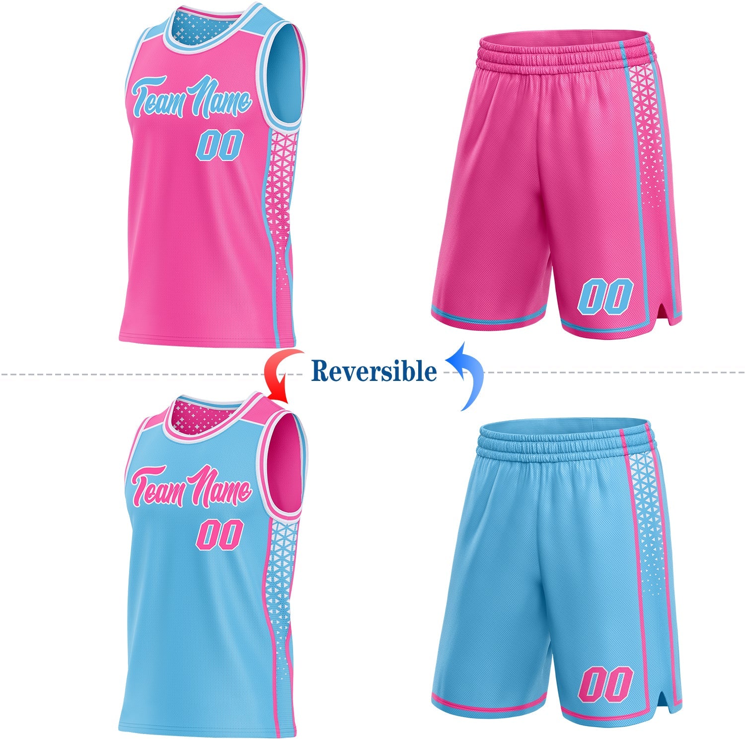 Custom Pink Sky Blue-White Side Panel Stripe Geometric Triangle Gradient Dot Reversible Double Side Sublimation Basketball Set Jersey view 2