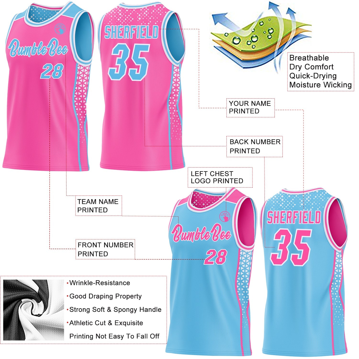 Custom Pink Sky Blue-White Side Panel Stripe Geometric Triangle Gradient Dot Reversible Double Side Sublimation Basketball Set Jersey view 3