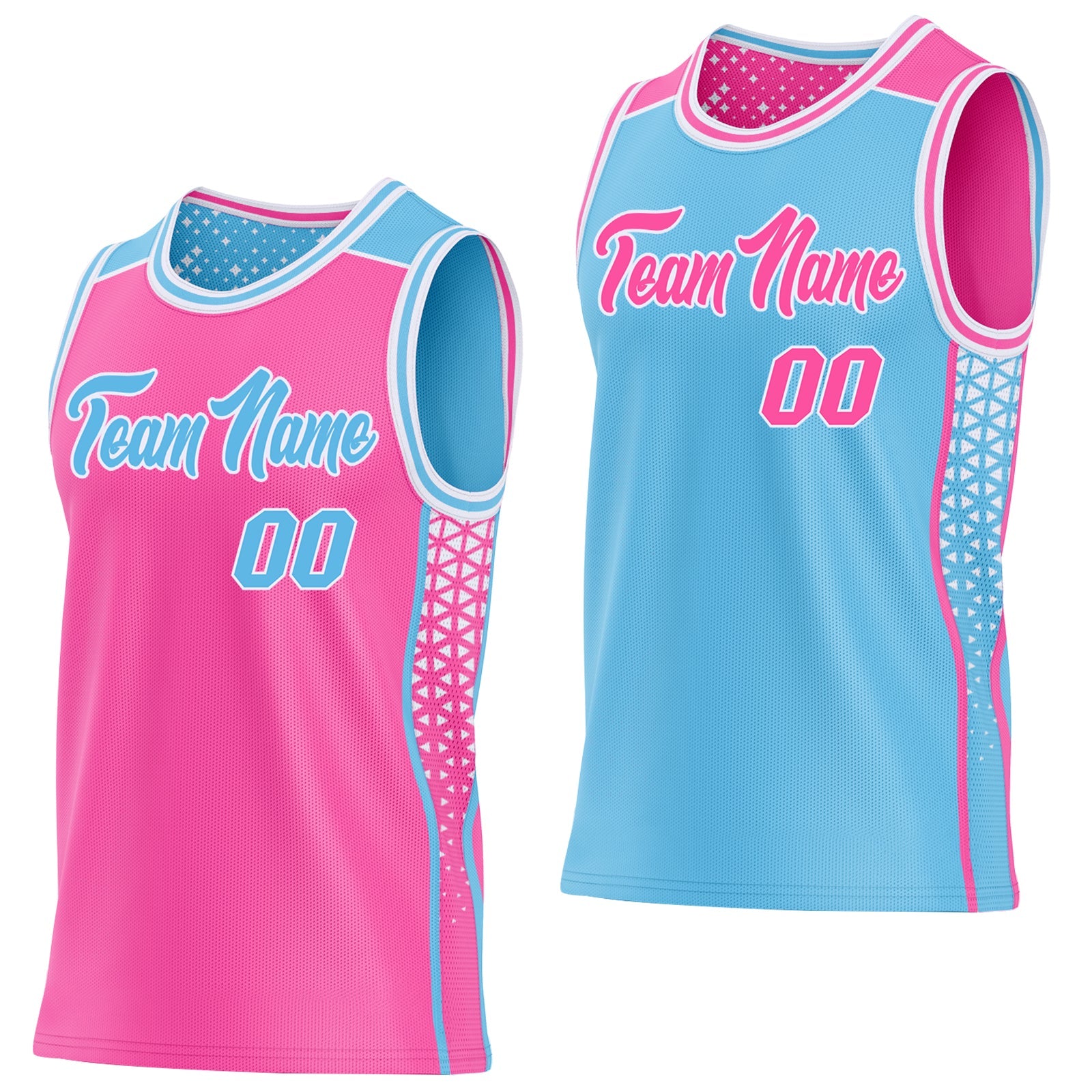 Custom Pink Sky Blue-White Side Panel Stripe Geometric Triangle Gradient Dot Reversible Double Side Sublimation Basketball Set Jersey - Main View