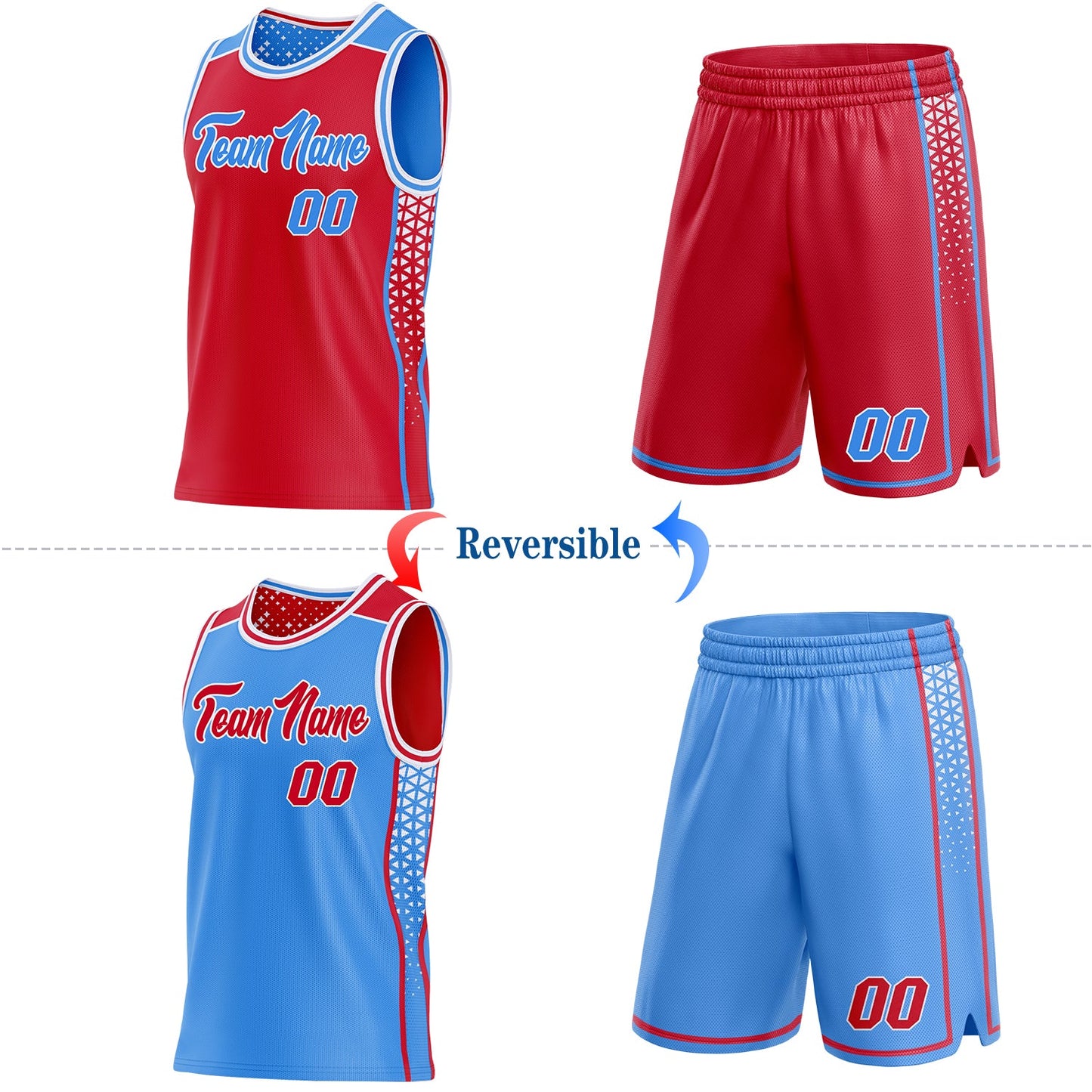 Custom Red Powder Blue-White Side Panel Stripe Geometric Triangle Gradient Dot Reversible Double Side Sublimation Basketball Set Jersey view 2