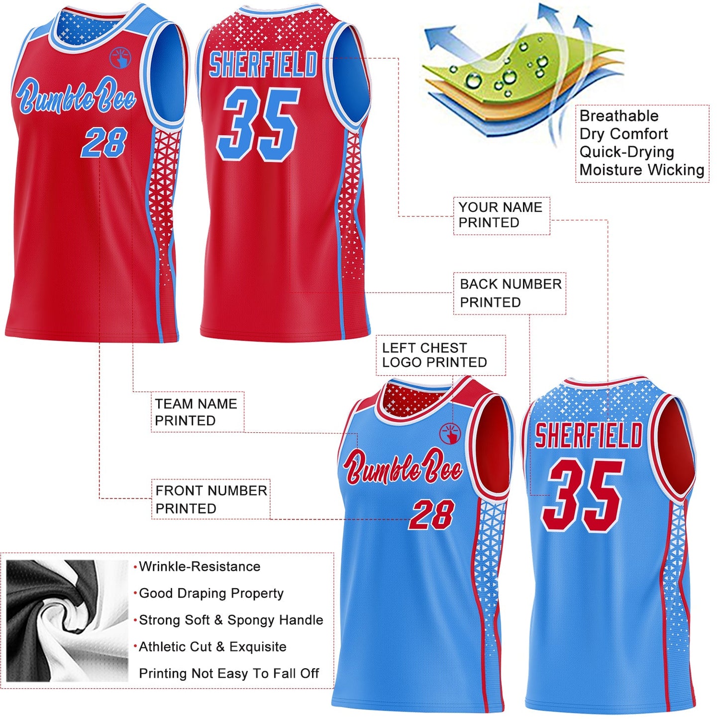 Custom Red Powder Blue-White Side Panel Stripe Geometric Triangle Gradient Dot Reversible Double Side Sublimation Basketball Set Jersey view 3