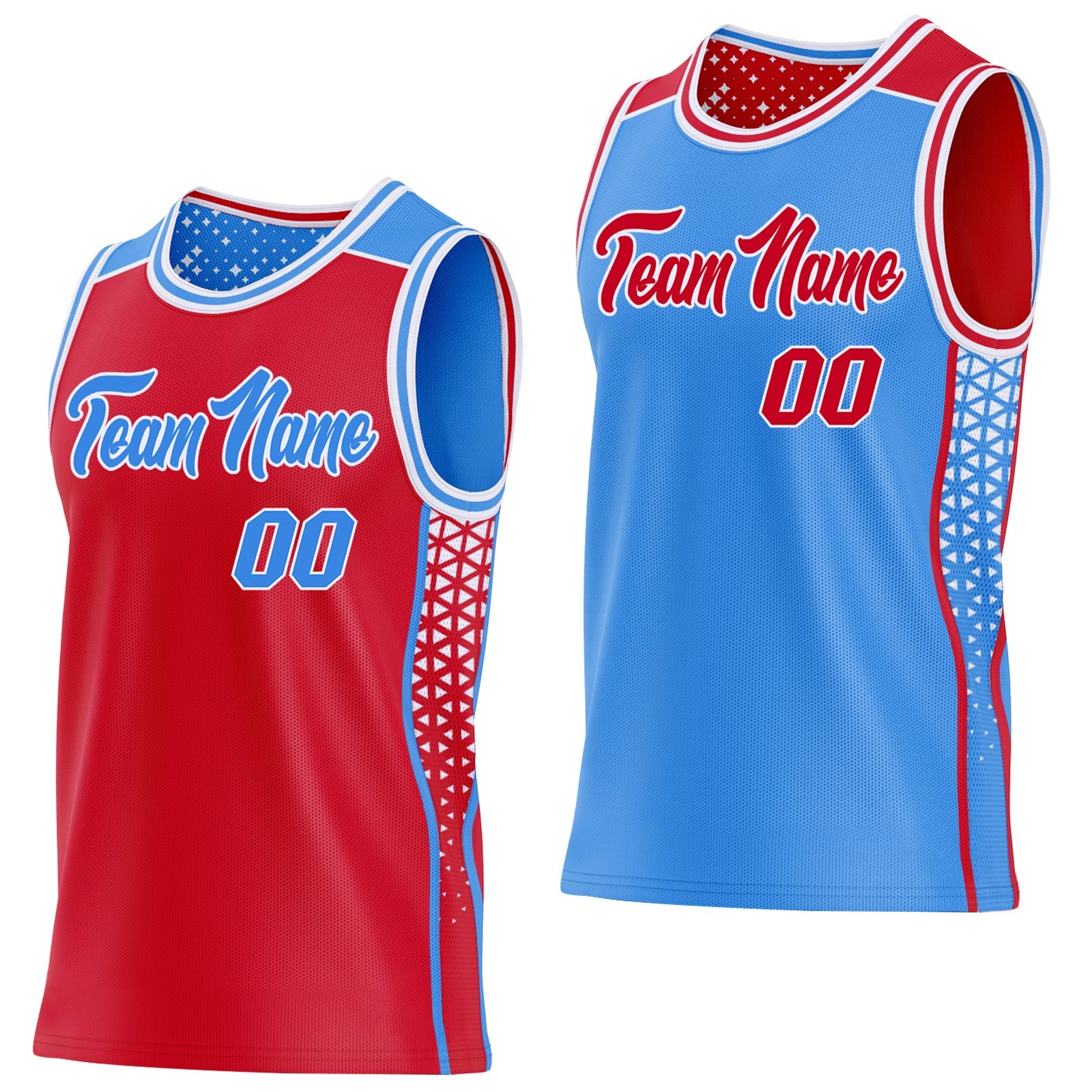 Custom Red Powder Blue-White Side Panel Stripe Geometric Triangle Gradient Dot Reversible Double Side Sublimation Basketball Set Jersey - Main View